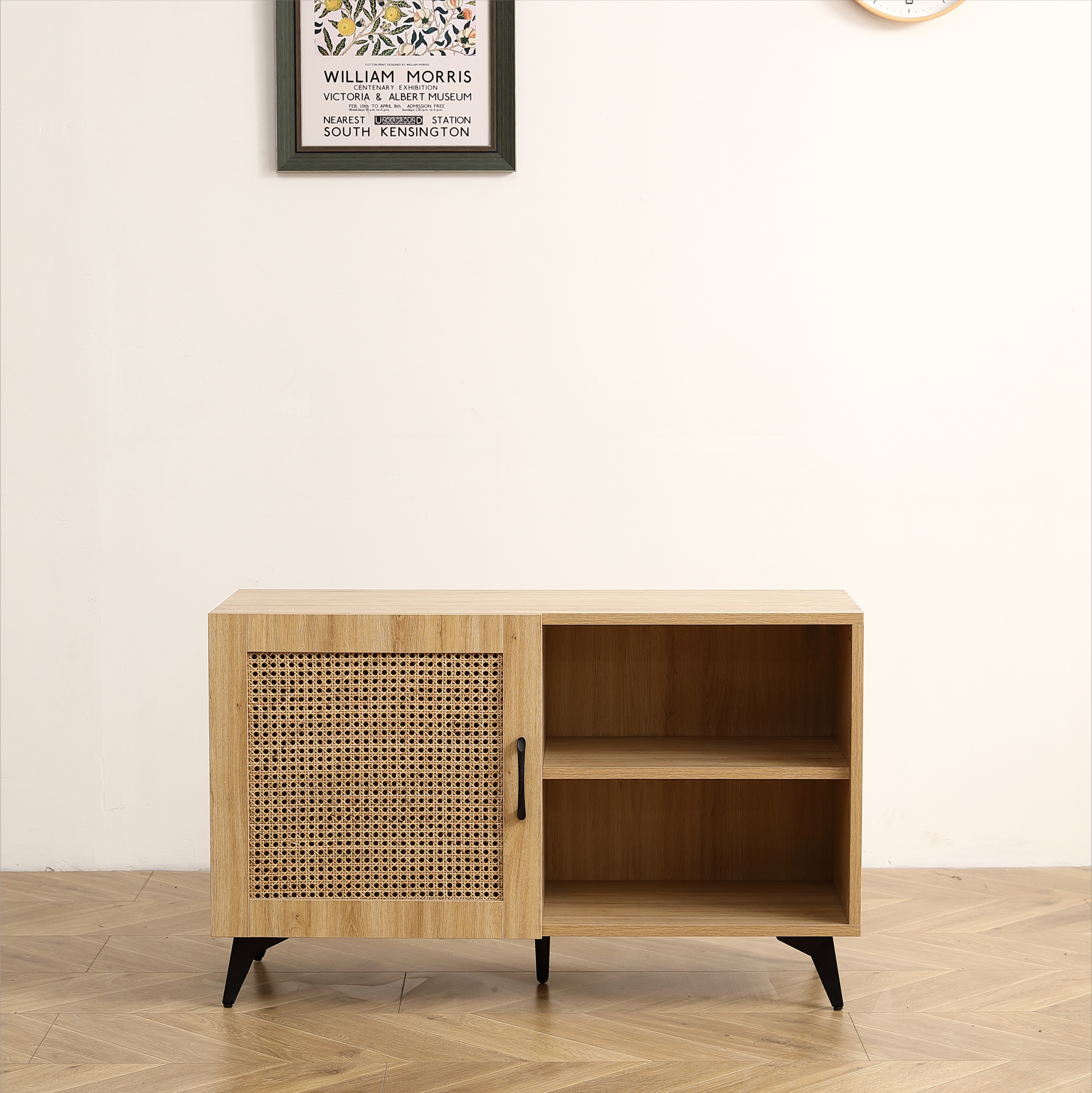 Modern Shoe Storage Cabinet With Natural Rattan Mesh Door And Solid Wooden Handle 39.37Inch Natural Wood Wood