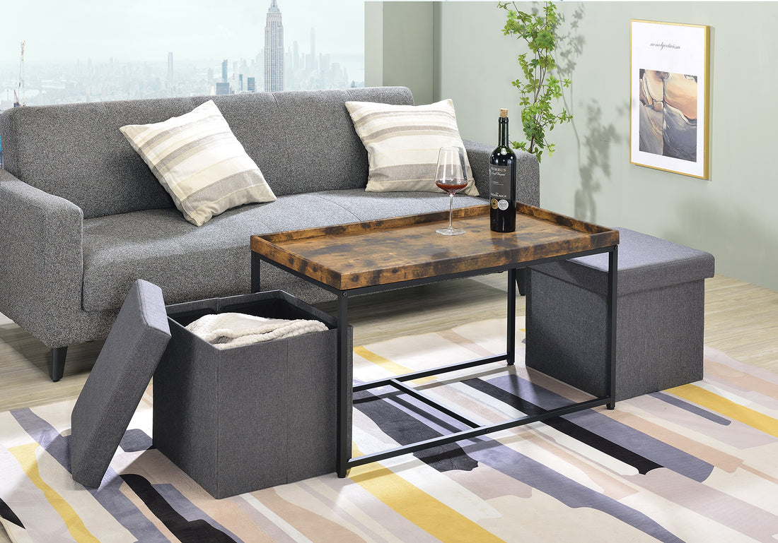 Monty 35" Weathered Oak Wood Grain 3 Piece Coffee Table Set With Raised Edges Brown Oak Mdf
