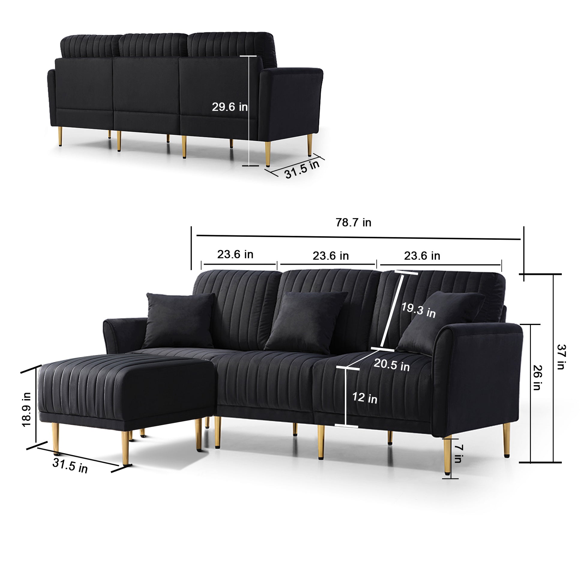 Living Room Sectional Black Sofa Couch With Ottoman, Modern L Shaped Chaise Lounge With 3 Seat Sofa And Ottoman, Upholstered Fabric Sectional Sofa Couch, Sectional Sofa For Home, Apartment Black Foam Velvet