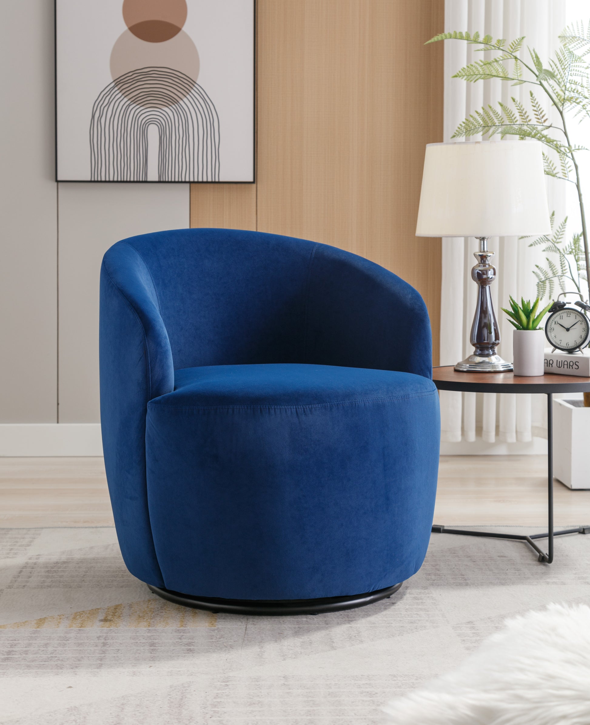Velvet Fabric Swivel Accent Armchair Barrel Chair With Black Powder Coating Metal Ring,Blue Blue Foam Velvet