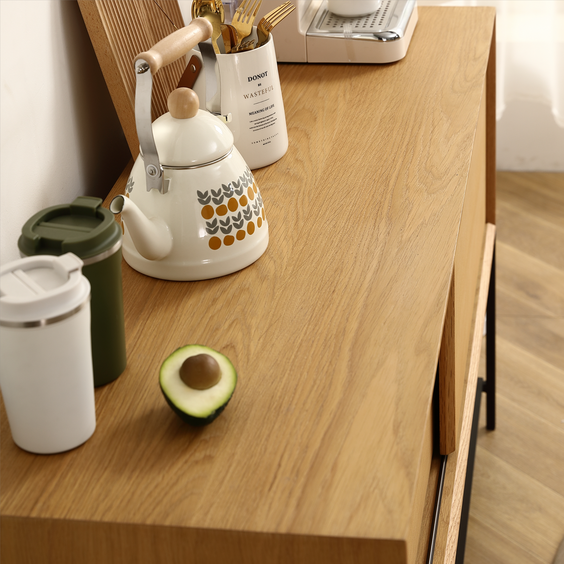 Sideboard Buffet Cabinet.White Rubber And Mdf Two Door Sliding Cabinet For Dining Room, 47.24 Inches Oak Metal & Wood