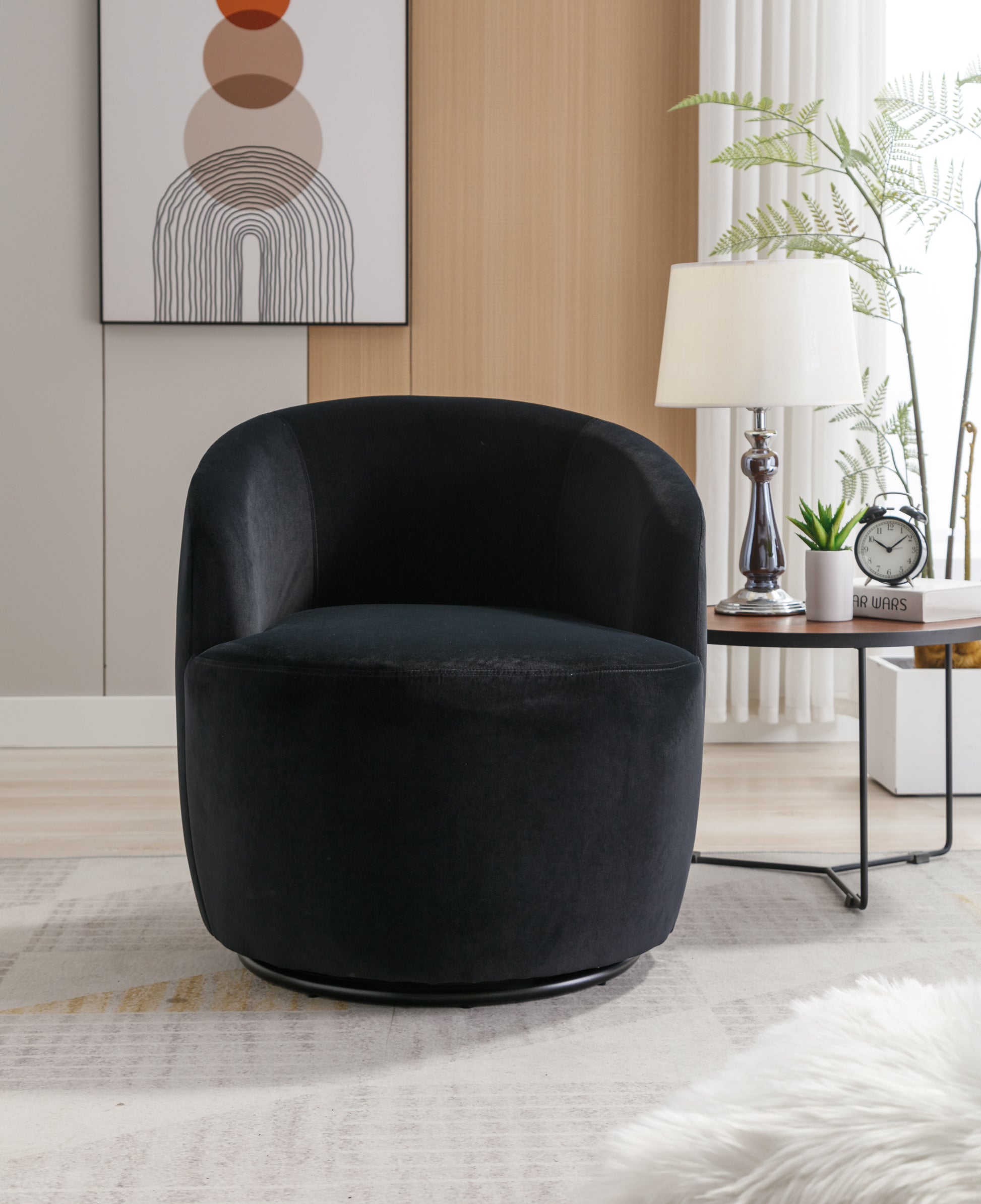 Velvet Fabric Swivel Accent Armchair Barrel Chair With Black Powder Coating Metal Ring,Black Black Foam Velvet