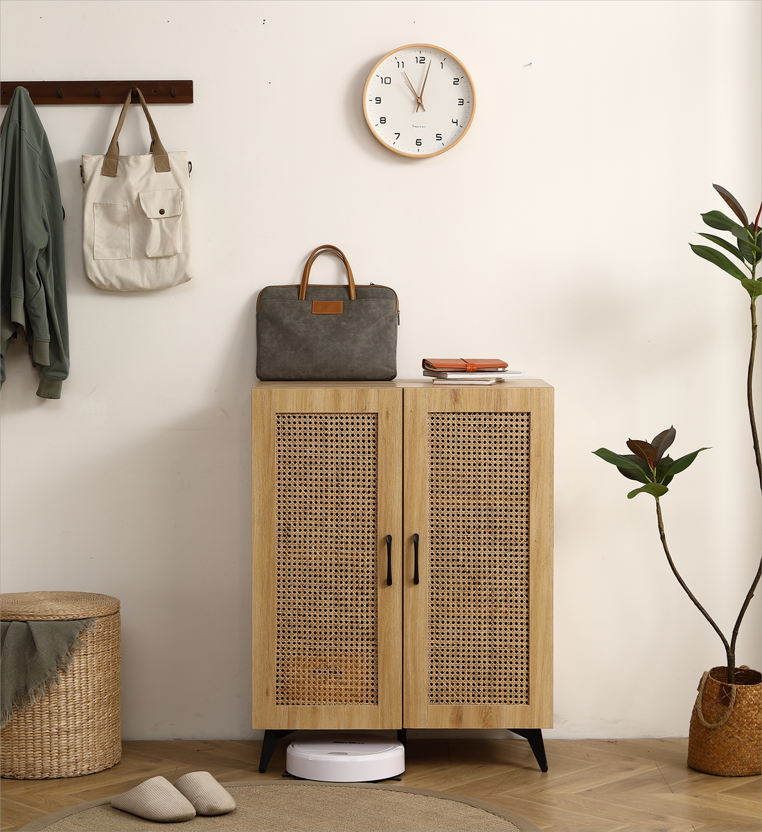 Natural Rattan Storage Cabinet Double Door Shoe