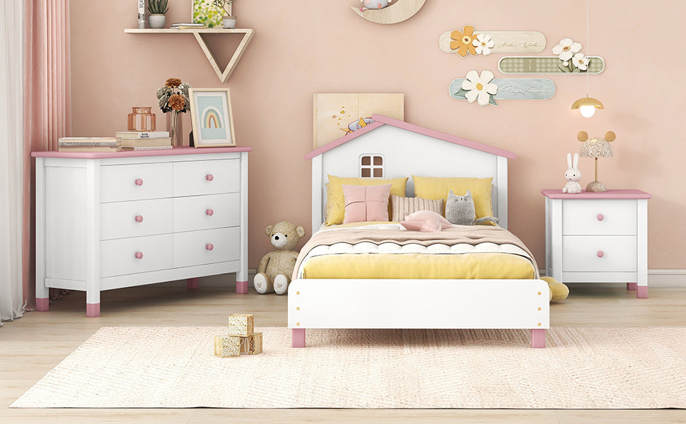 3 Pieces Bedroom Sets Twin Size Platform Bed With Nightstand And Storage Dresser,White Pink White Pink Solid Wood