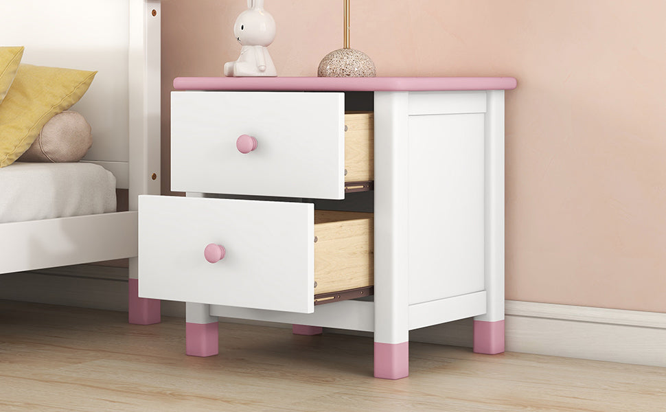 Wooden Nightstand With Two Drawers For Kids,End Table For Bedroom,White Pink White Pink Solid Wood