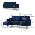 Modern Velvet Upholstered Reversible Sectional 3 Seat Sofal Shaped Couch With Movable Ottoman And Gold Legs For Living Room Blue Blue Foam Velvet