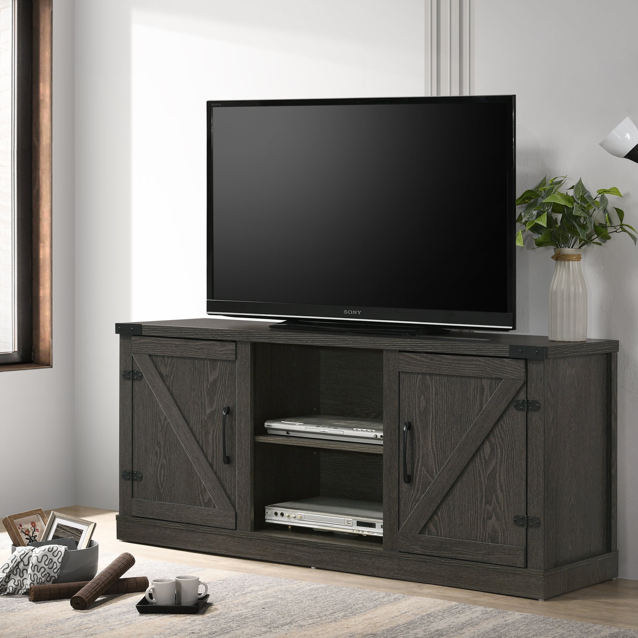 Salma Dark Gray 58" Wide Tv Stand With 2 Open Shelves And 2 Cabinets Dark Gray Particle Board