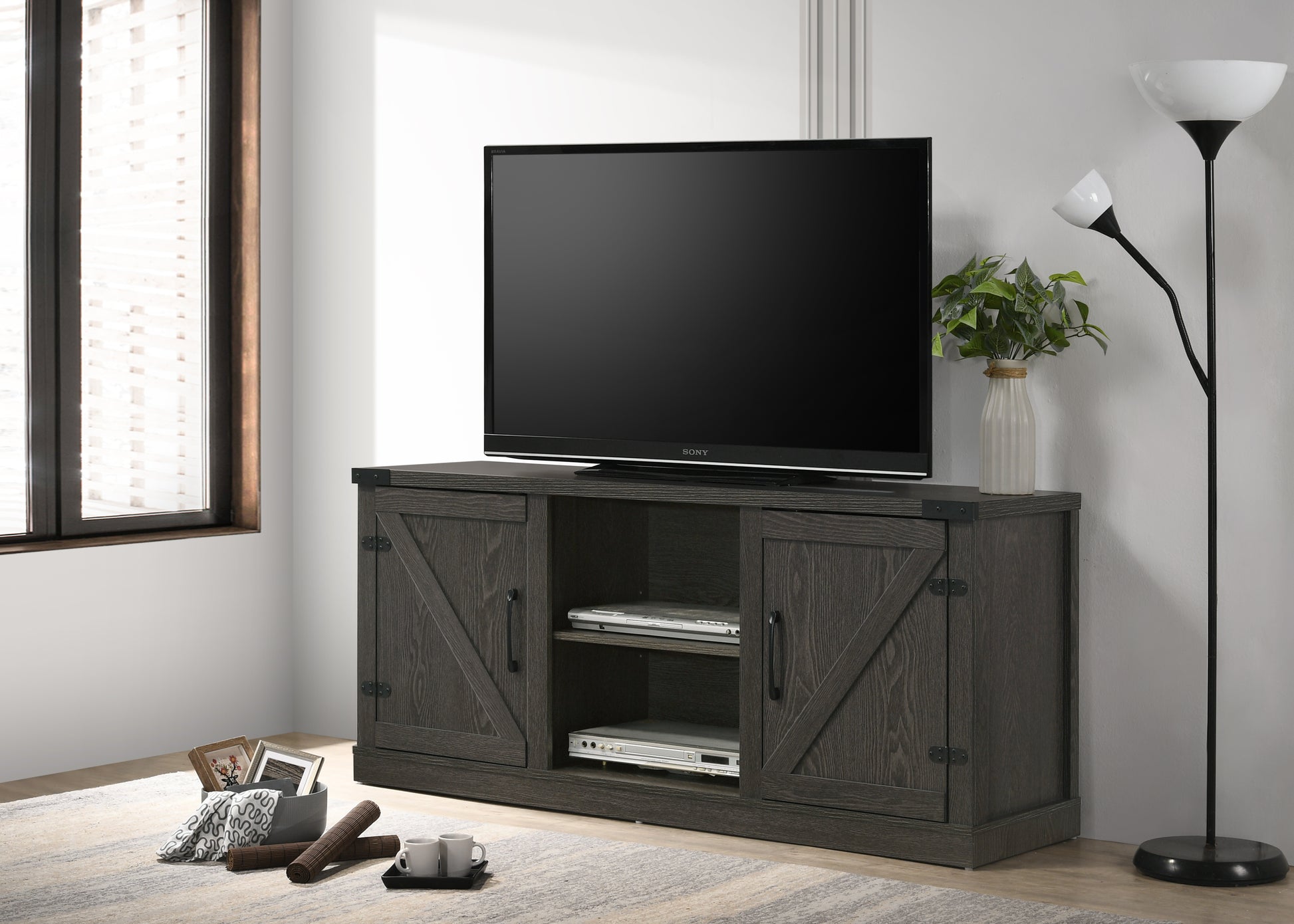 Salma Dark Gray 58" Wide Tv Stand With 2 Open Shelves And 2 Cabinets Dark Gray Particle Board