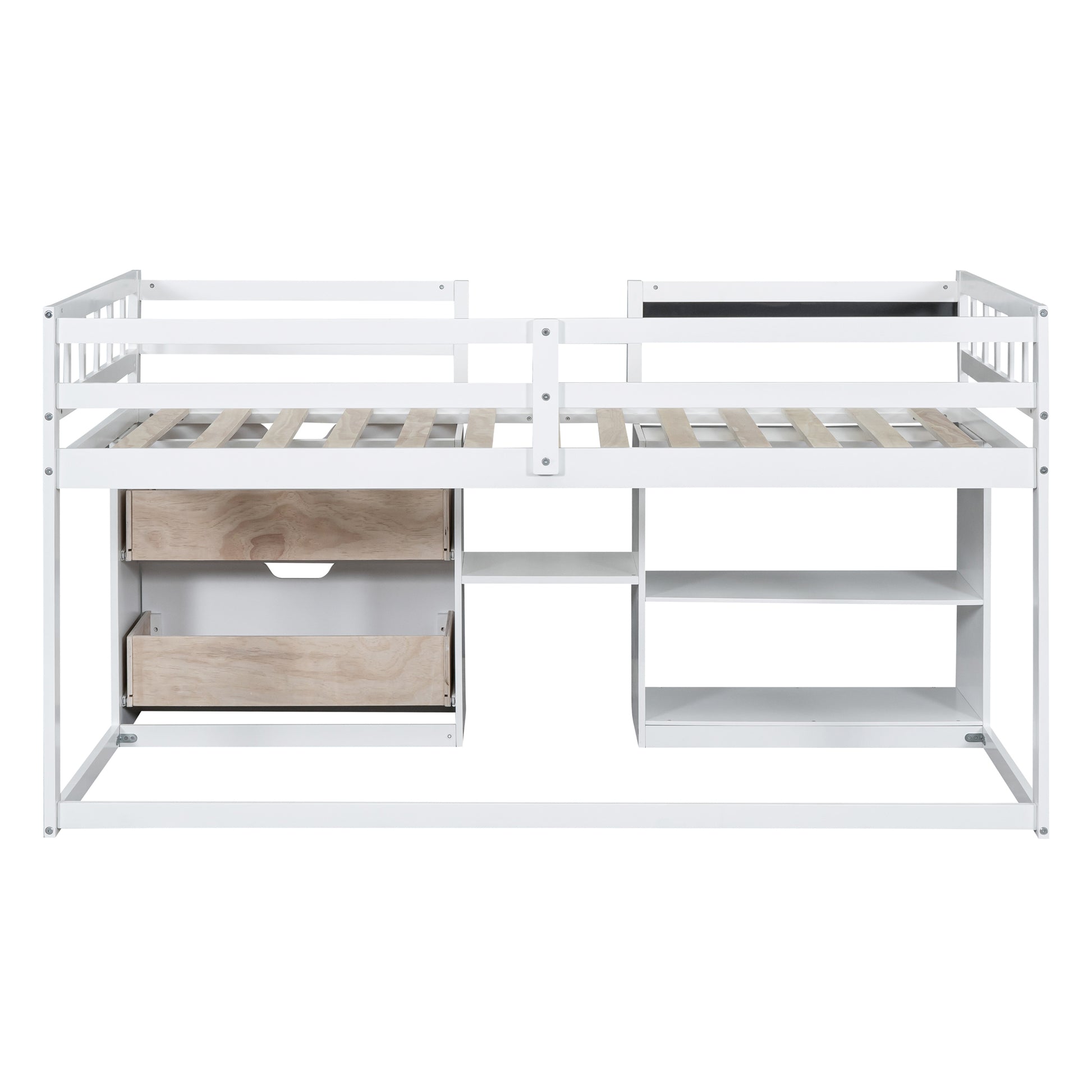 Twin Size Low Loft Bed With Rolling Desk, Shelf And Drawers White White Solid Wood