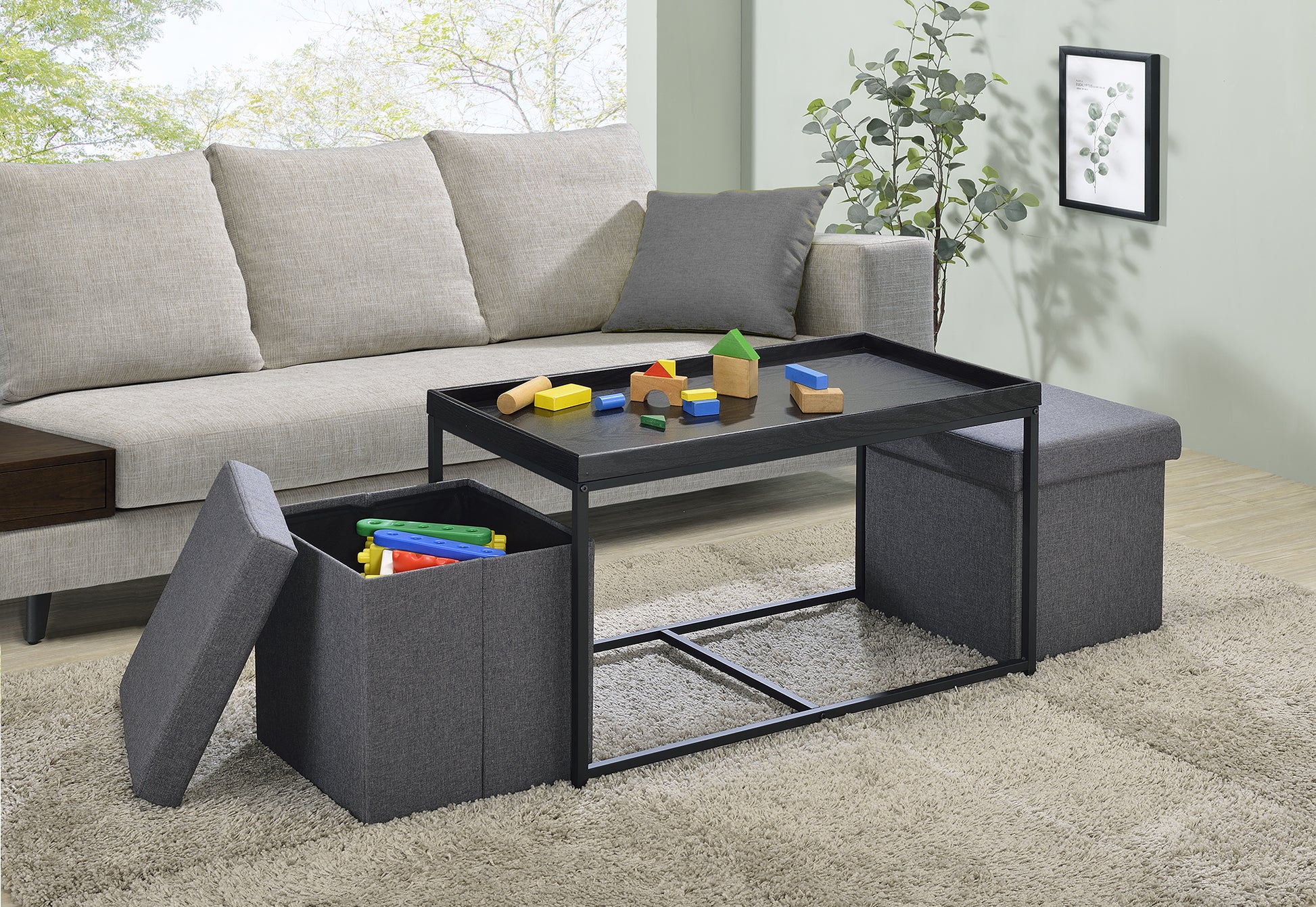 Monty 35" Black Wood Grain 3 Piece Coffee Table Set With Raised Edges Black Mdf