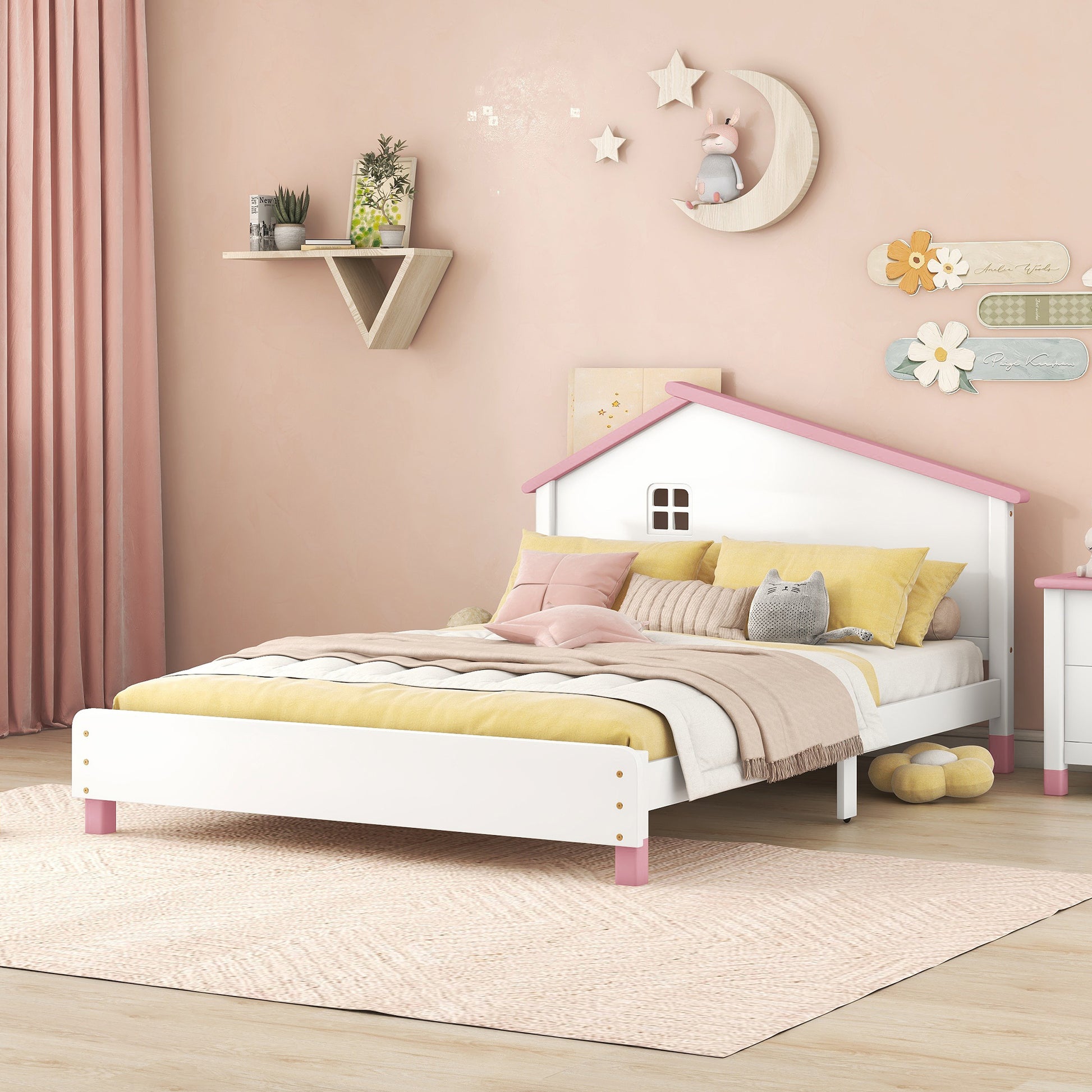 Full Size Wood Platform Bed With House Shaped Headboard White Pink White Pink Solid Wood