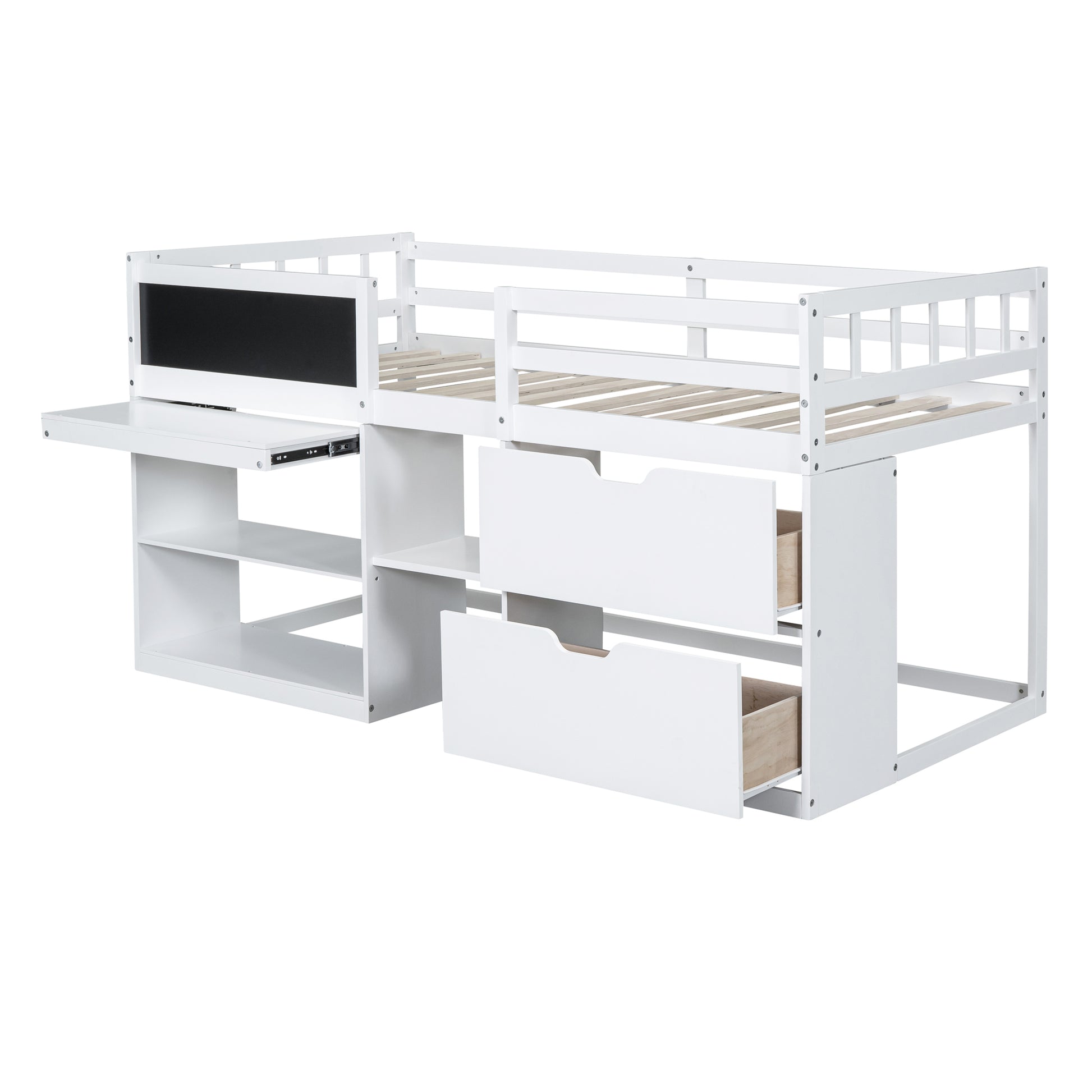 Twin Size Low Loft Bed With Rolling Desk, Shelf And Drawers White White Solid Wood