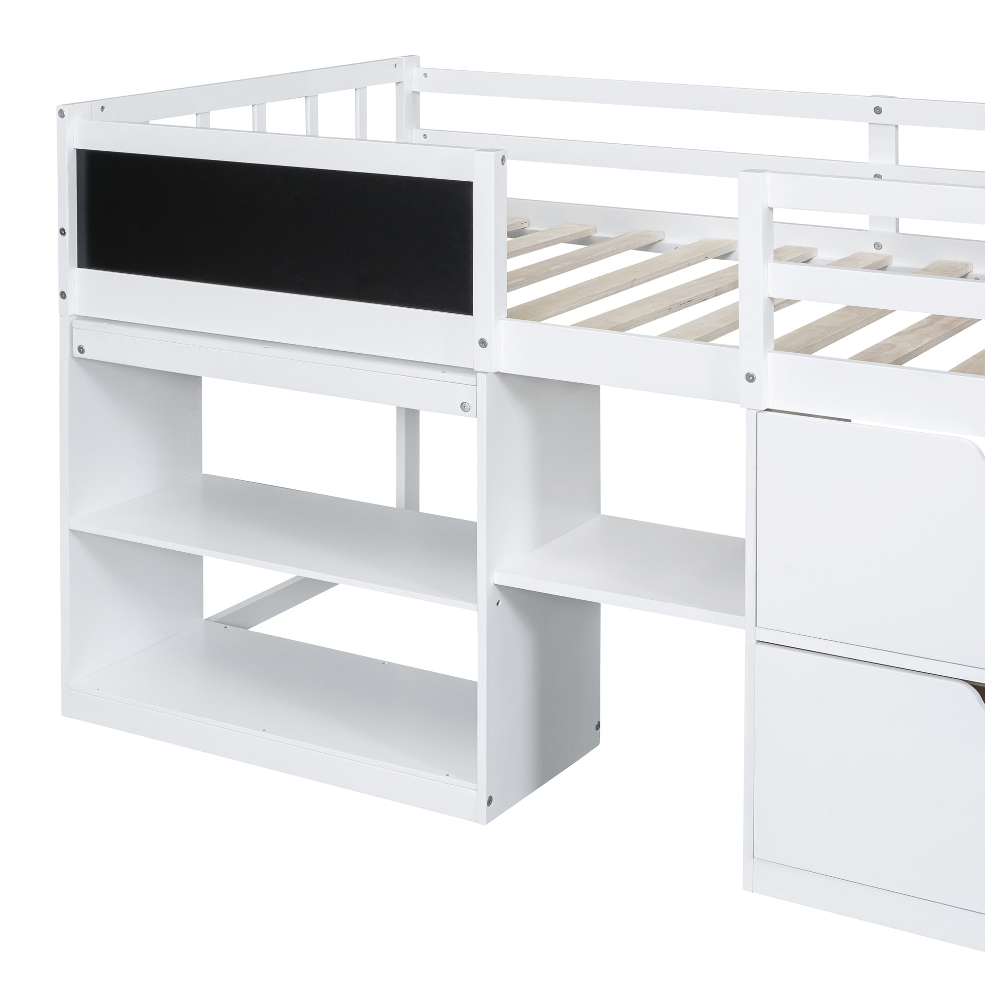 Twin Size Low Loft Bed With Rolling Desk, Shelf And Drawers White White Solid Wood