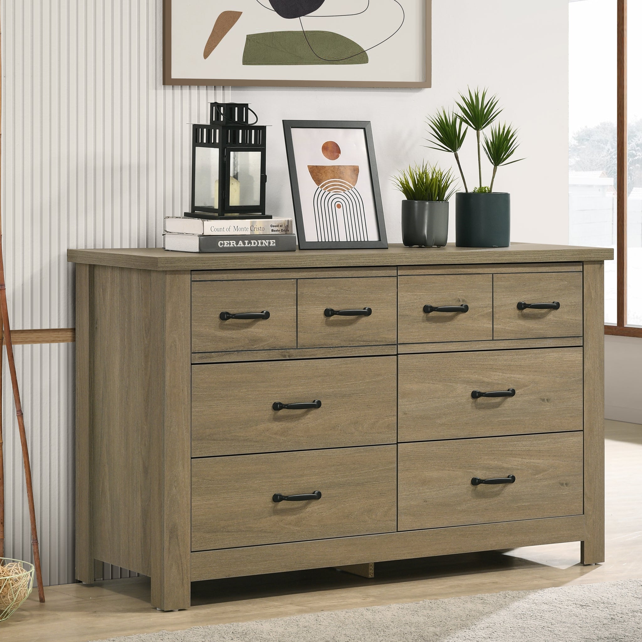 Finn 51" Coffee Gray Oak Finish Dresser With 6 Drawers And Black Handles Light Brown Particle Board