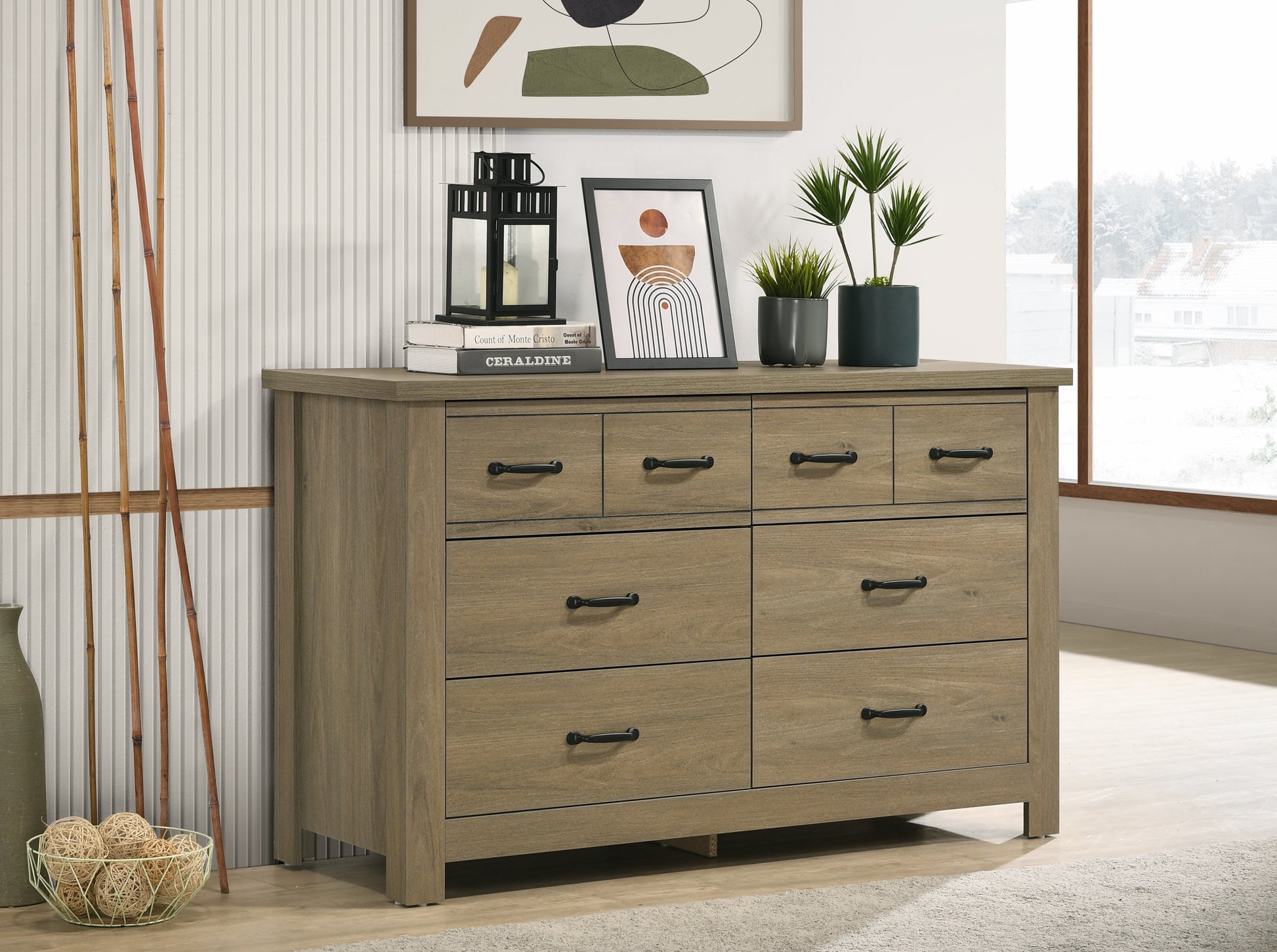 Finn 51" Coffee Gray Oak Finish Dresser With 6 Drawers And Black Handles Light Brown Particle Board Finn 51" Coffee Gray Oak Finish Dresser With 6 Drawers And Black Handles Light Brown Particle Board