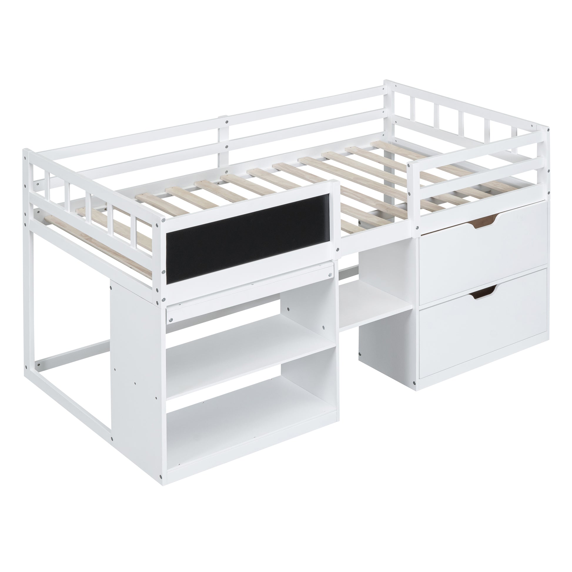 Twin Size Low Loft Bed With Rolling Desk, Shelf And Drawers White White Solid Wood