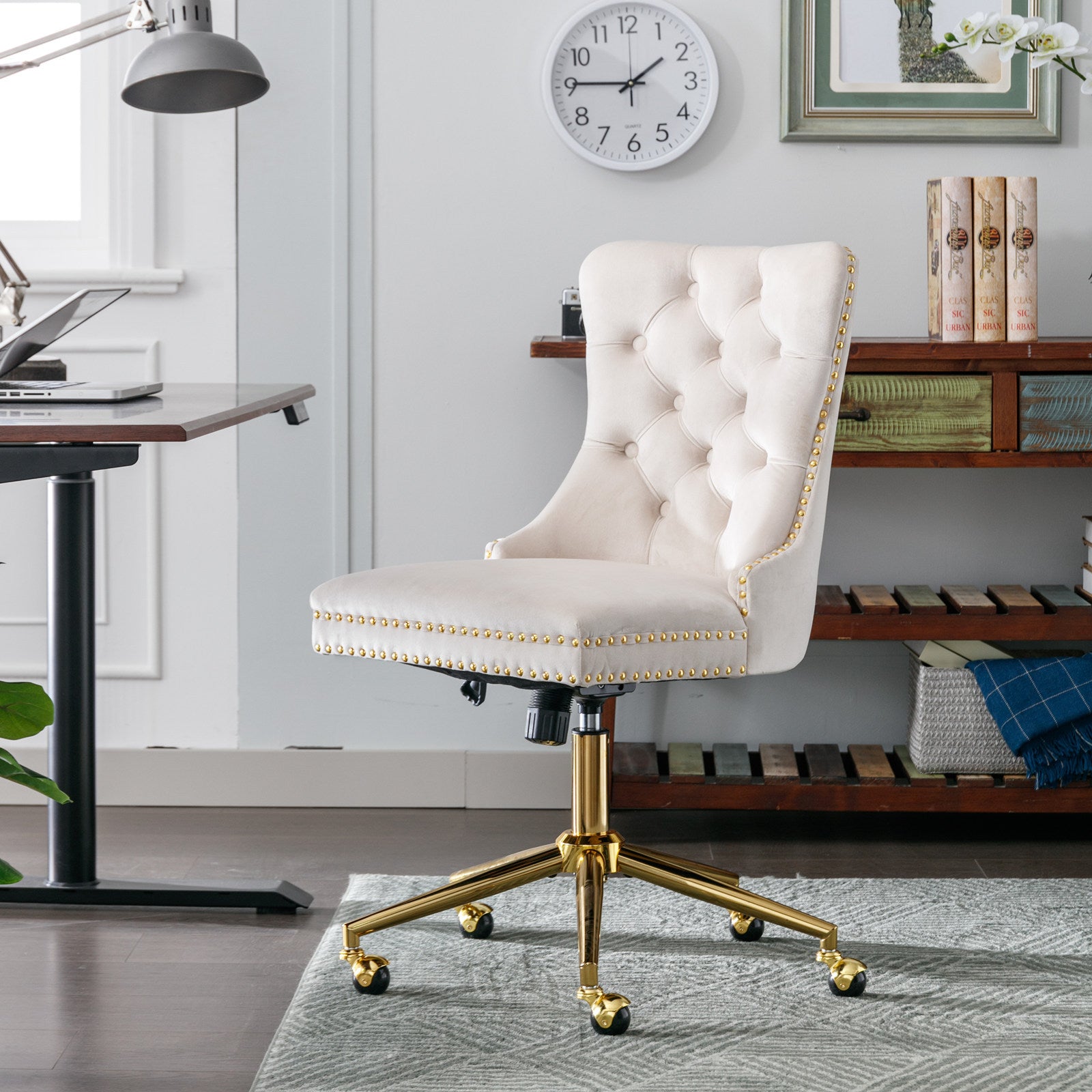 Office Chair,Velvet Upholstered Tufted Button Home Office Chair With Golden Metal Base,Adjustable Desk Chair Swivel Office Chair Beige Beige Velvet