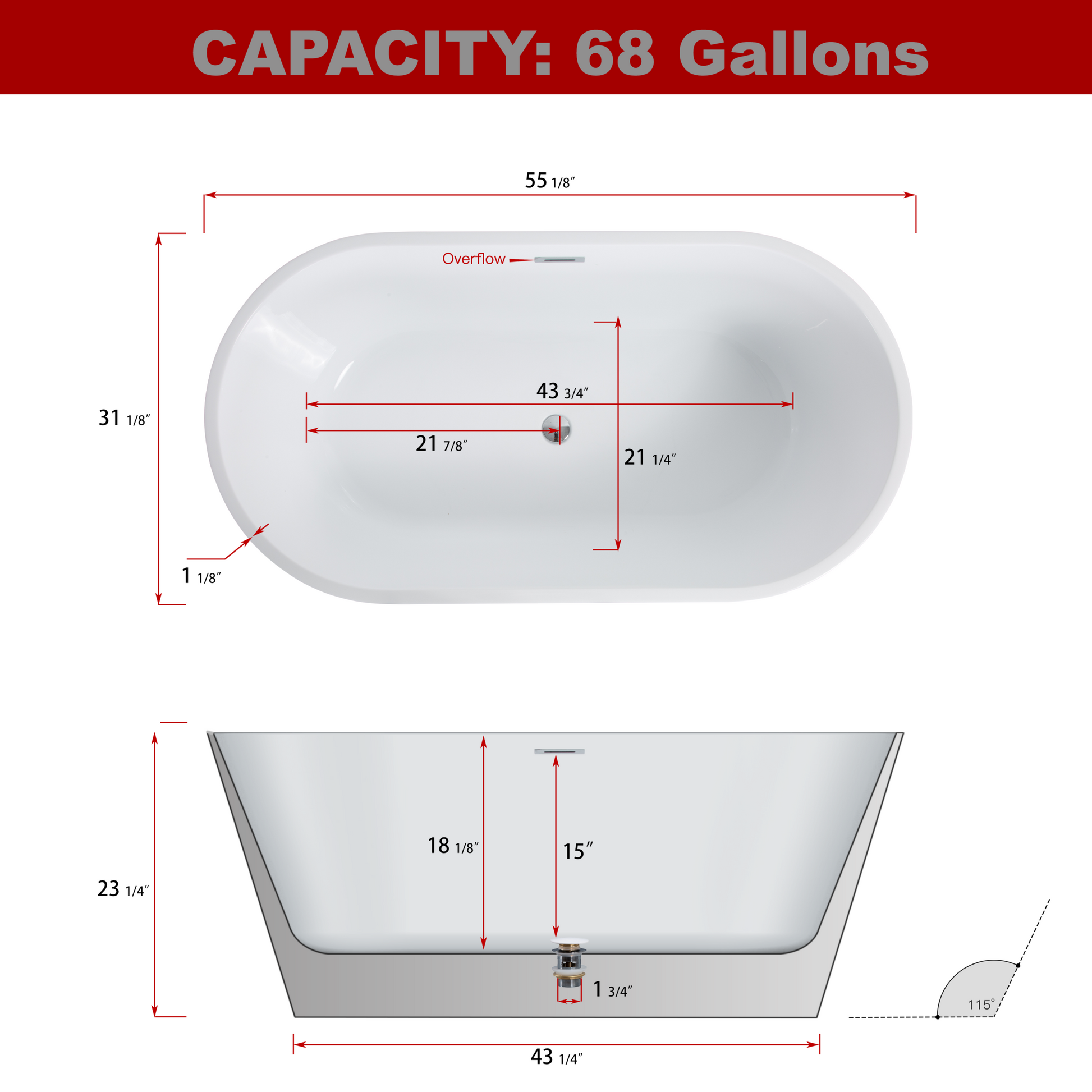 Acrylic Freestanding Bathtub: Contemporary Soaking Tub white-fiberglass-acrylic