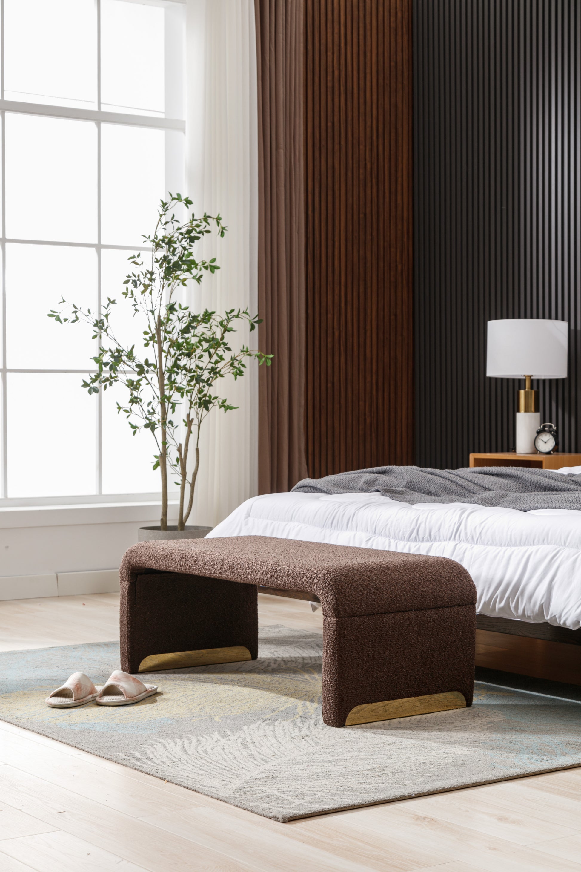 Boucle Fabric Loveseat Ottoman Footstool Bedroom Bench Shoe Bench With Gold Metal Legs,Coffee Brown Brown Foam Boucle