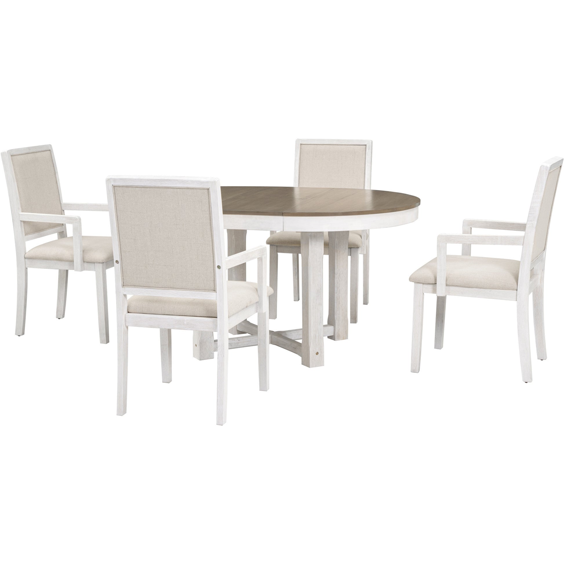 5 Piece Dining Table Set, Two Size Round To Oval Extendable Butterfly Leaf Wood Dining Table And 4 Upholstered Dining Chairs With Armrests Brown White Brown White Solid Wood Mdf