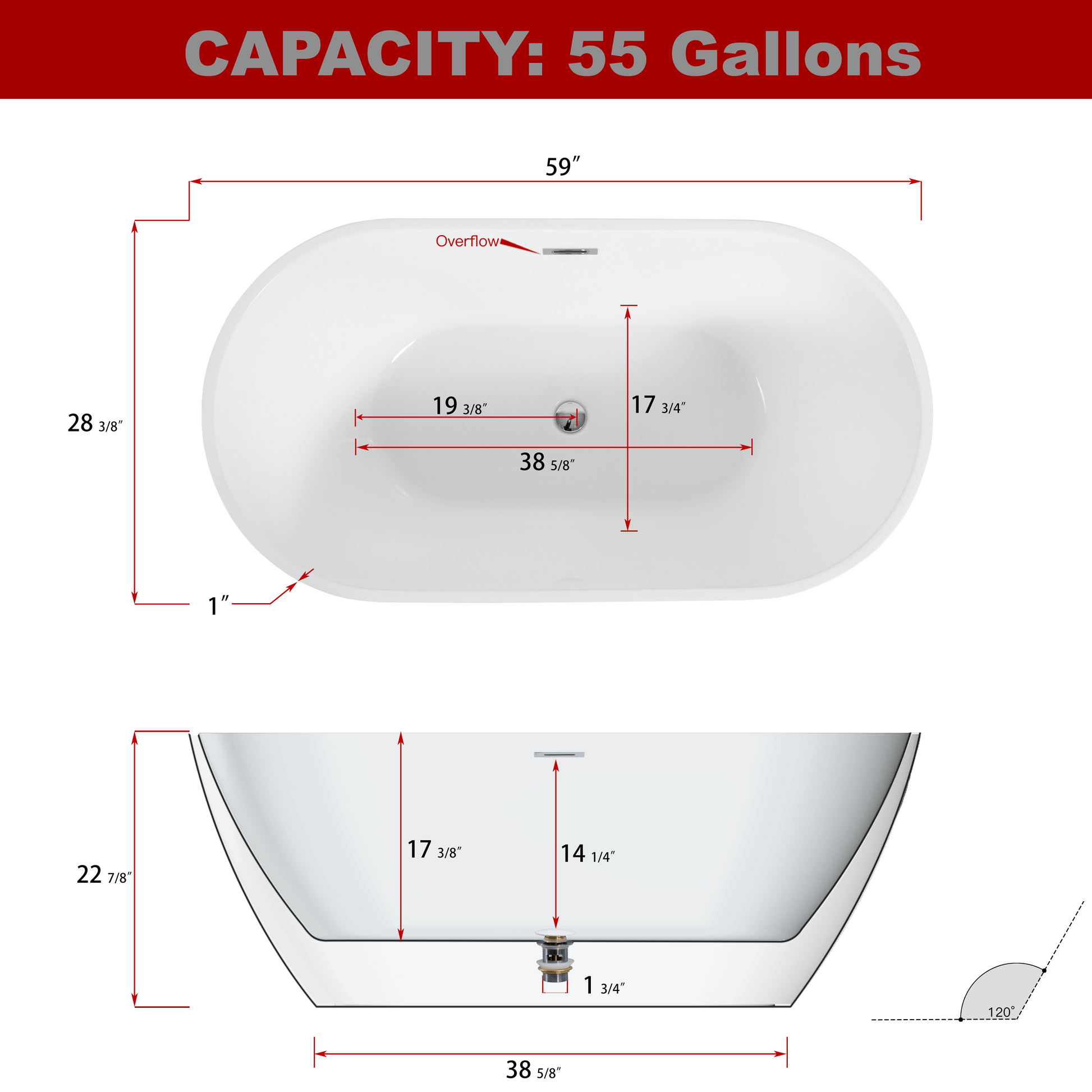 60" Lustrous Black Acrylic Freestanding Soaking Bathtub With Chrome Overflow And Drain, Cupc Certified Glossy Black 22A09 60B Black Fiberglass Acrylic