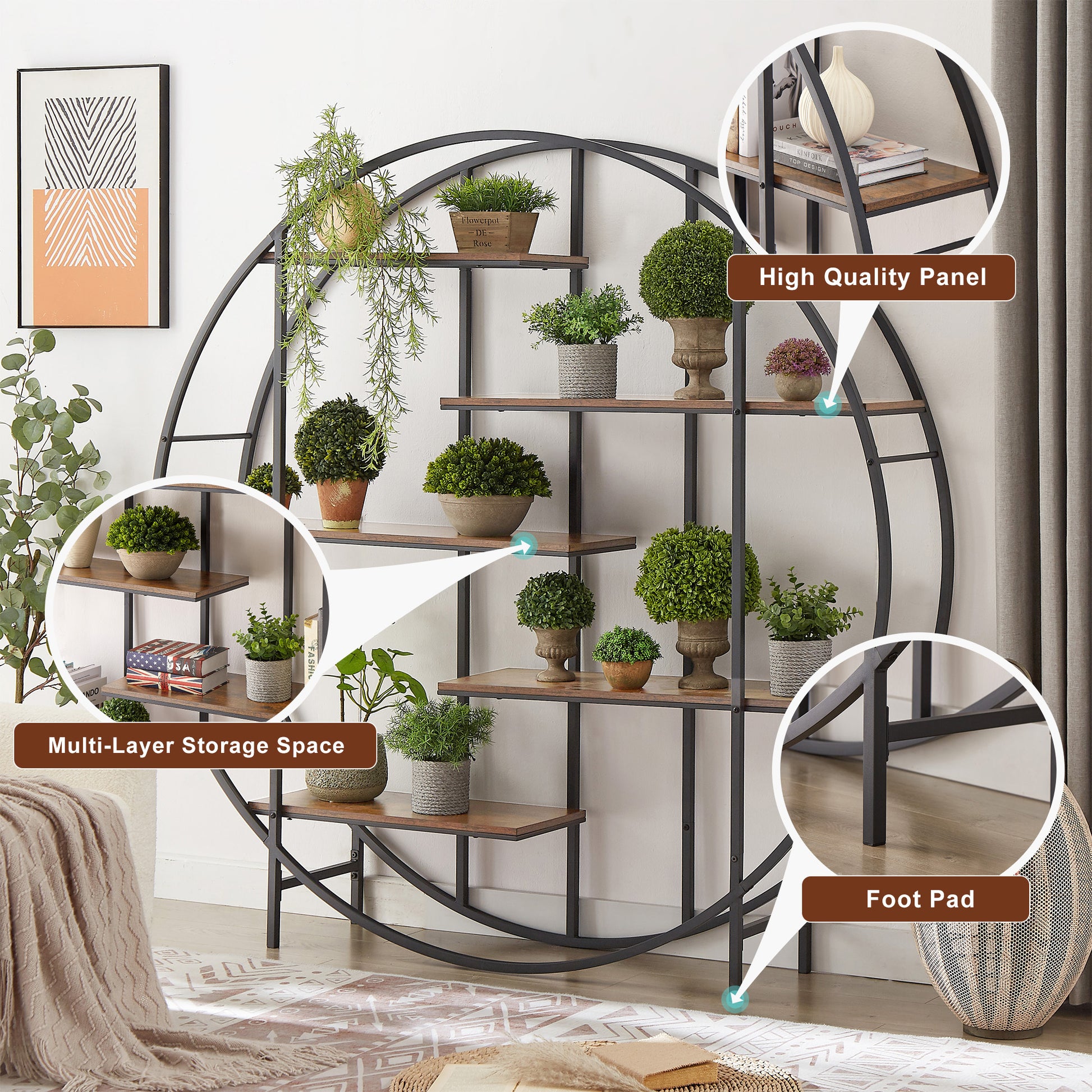 rustic indoor plant stand Round 5 Tier Metal Plant Stand Bookcase Storage Rack, Indoor Living Ro