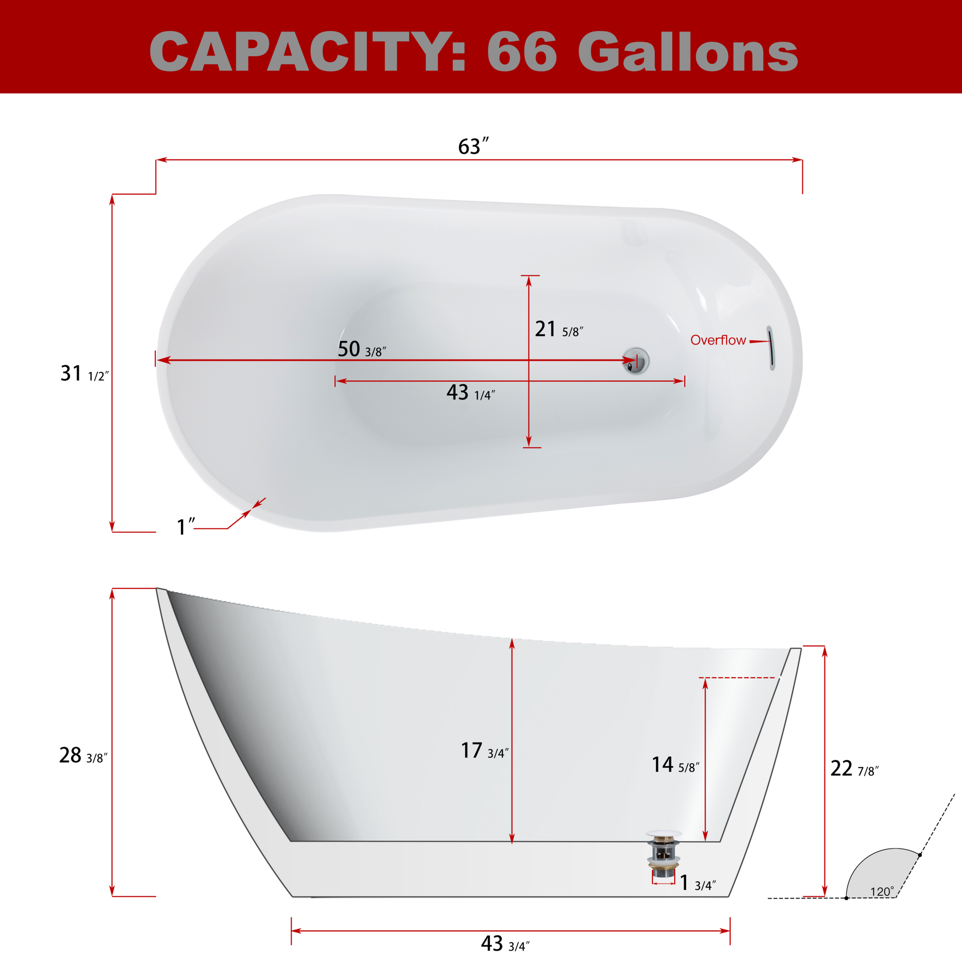 Contemporary High Gloss Acrylic Freestanding Soaking Bathtub With Chrome Overflow In White, Cupc Certified 63*31.5 22A04 63 White Fiberglass Acrylic