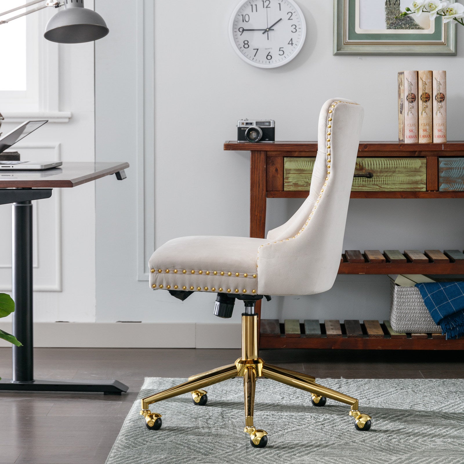Office Chair,Velvet Upholstered Tufted Button Home Office Chair With Golden Metal Base,Adjustable Desk Chair Swivel Office Chair Beige Beige Velvet