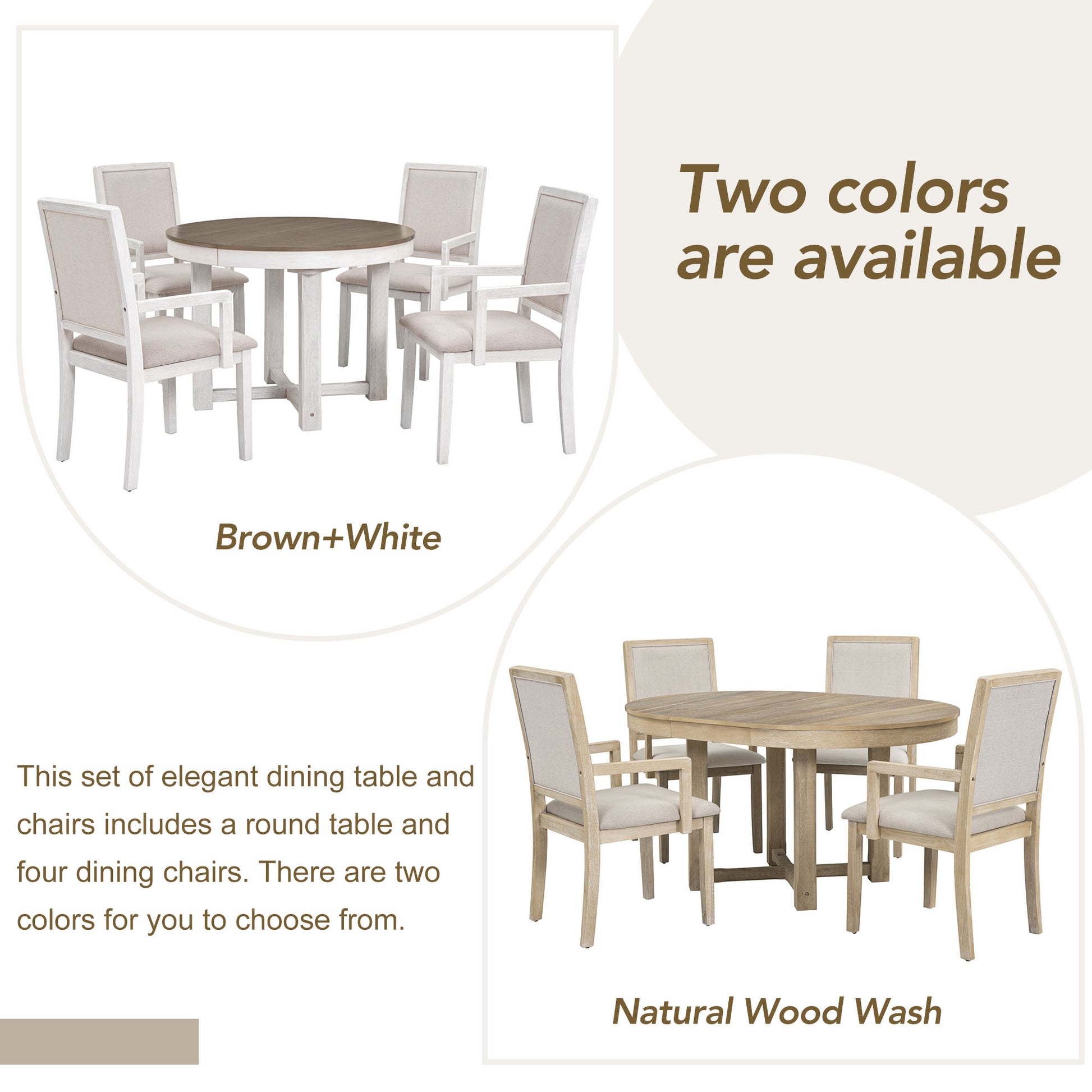 5 Piece Dining Table Set, Two Size Round To Oval Extendable Butterfly Leaf Wood Dining Table And 4 Upholstered Dining Chairs With Armrests Brown White Brown White Solid Wood Mdf