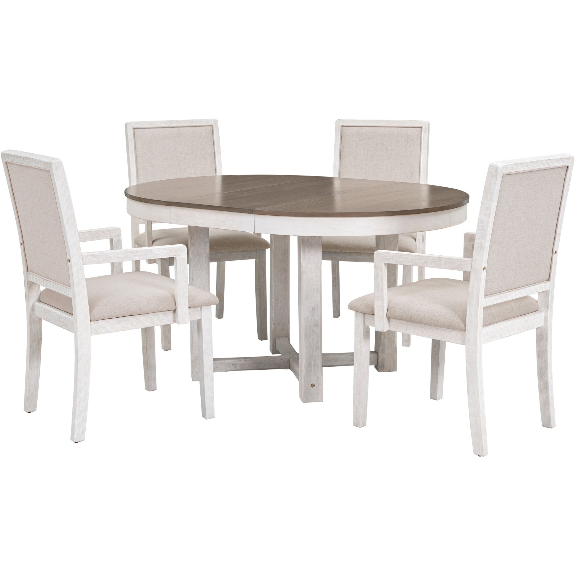 5 Piece Dining Table Set, Two Size Round To Oval Extendable Butterfly Leaf Wood Dining Table And 4 Upholstered Dining Chairs With Armrests Brown White Brown White Solid Wood Mdf