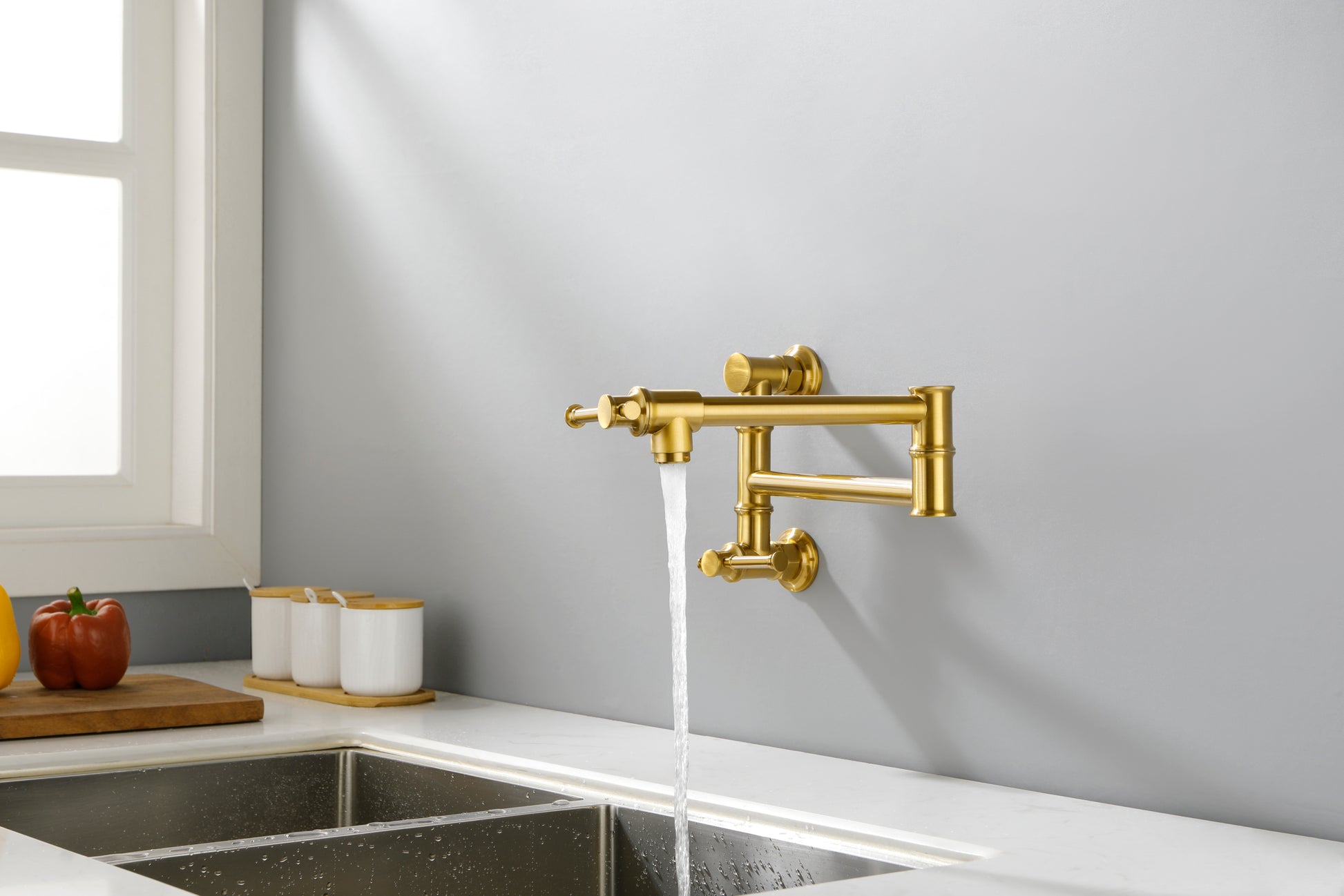 Pot Filler Faucet Wall Mount Pot Filler Faucet, Modern Brass Pot Filler Two Attachment Wall Mount Folding Kitchen Pot Filler Swing Arm Gold Brass