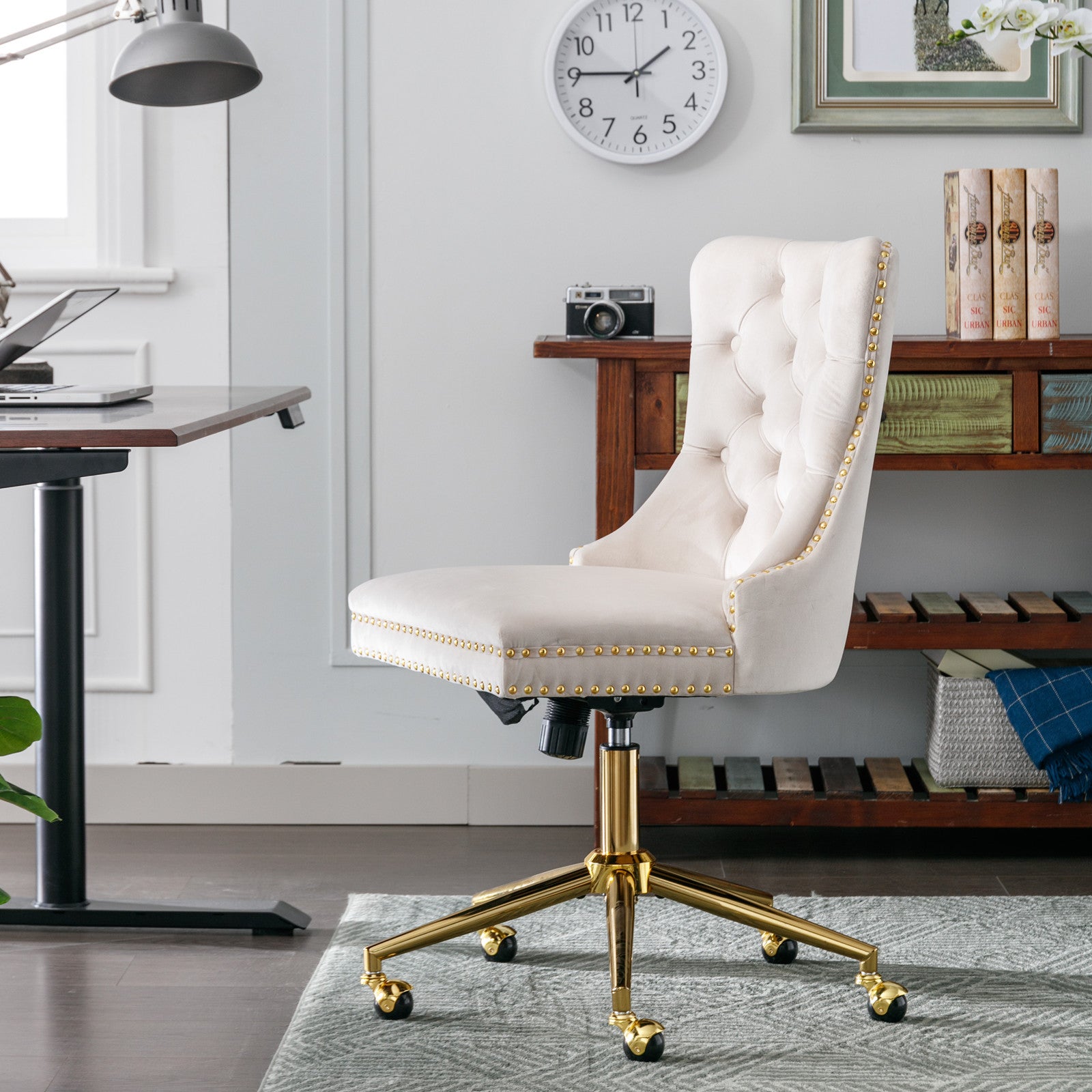 Office Chair,Velvet Upholstered Tufted Button Home Office Chair With Golden Metal Base,Adjustable Desk Chair Swivel Office Chair Beige Beige Velvet