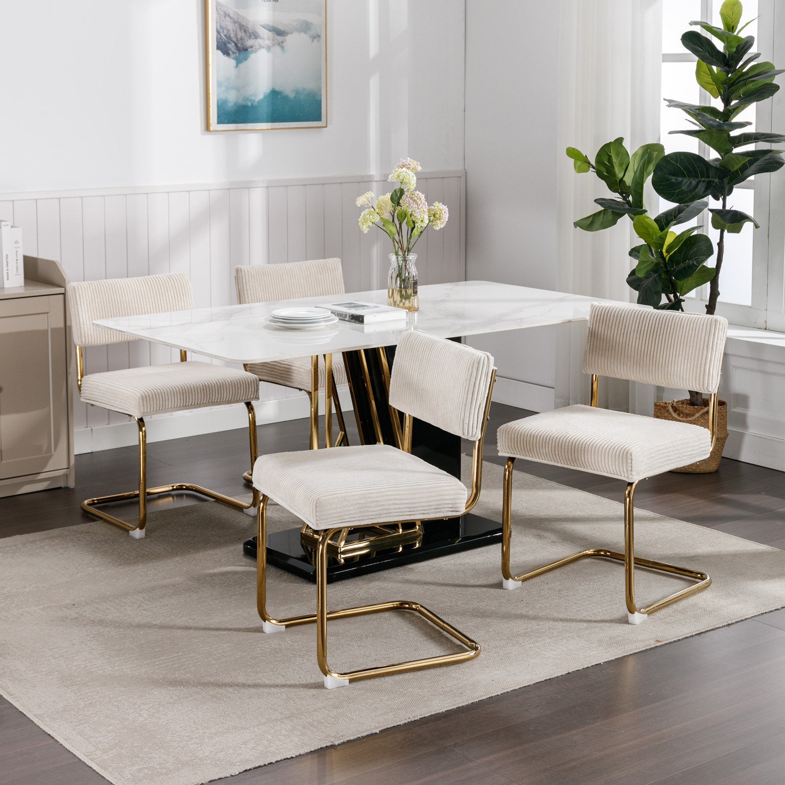 Modern Dining Chairs With Corduroy Fabric,Gold Metal Base, Accent Armless Kitchen Chairs With Channel Tufting, Side Chairs, Set Of 2, Beige Beige Foam Corduroy