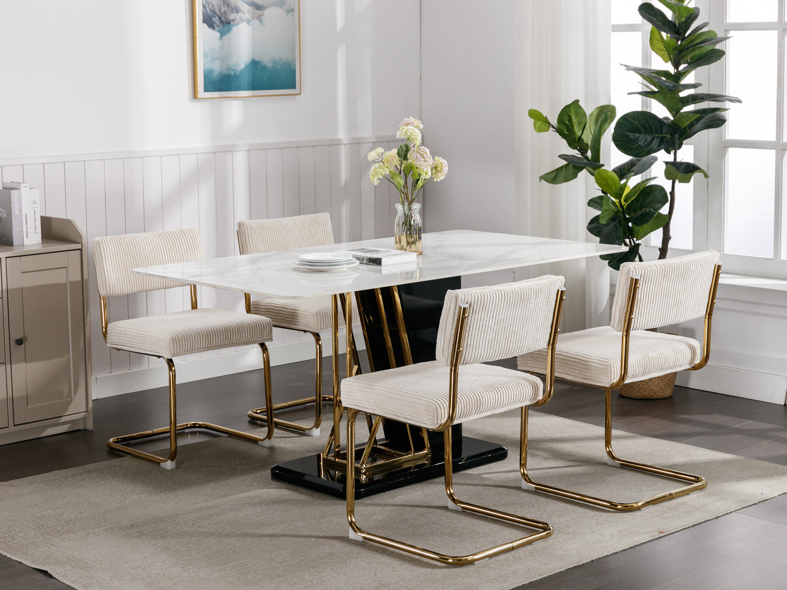 Modern Dining Chairs With Corduroy Fabric,Gold Metal Base, Accent Armless Kitchen Chairs With Channel Tufting, Side Chairs, Set Of 2, Beige Beige Foam Corduroy