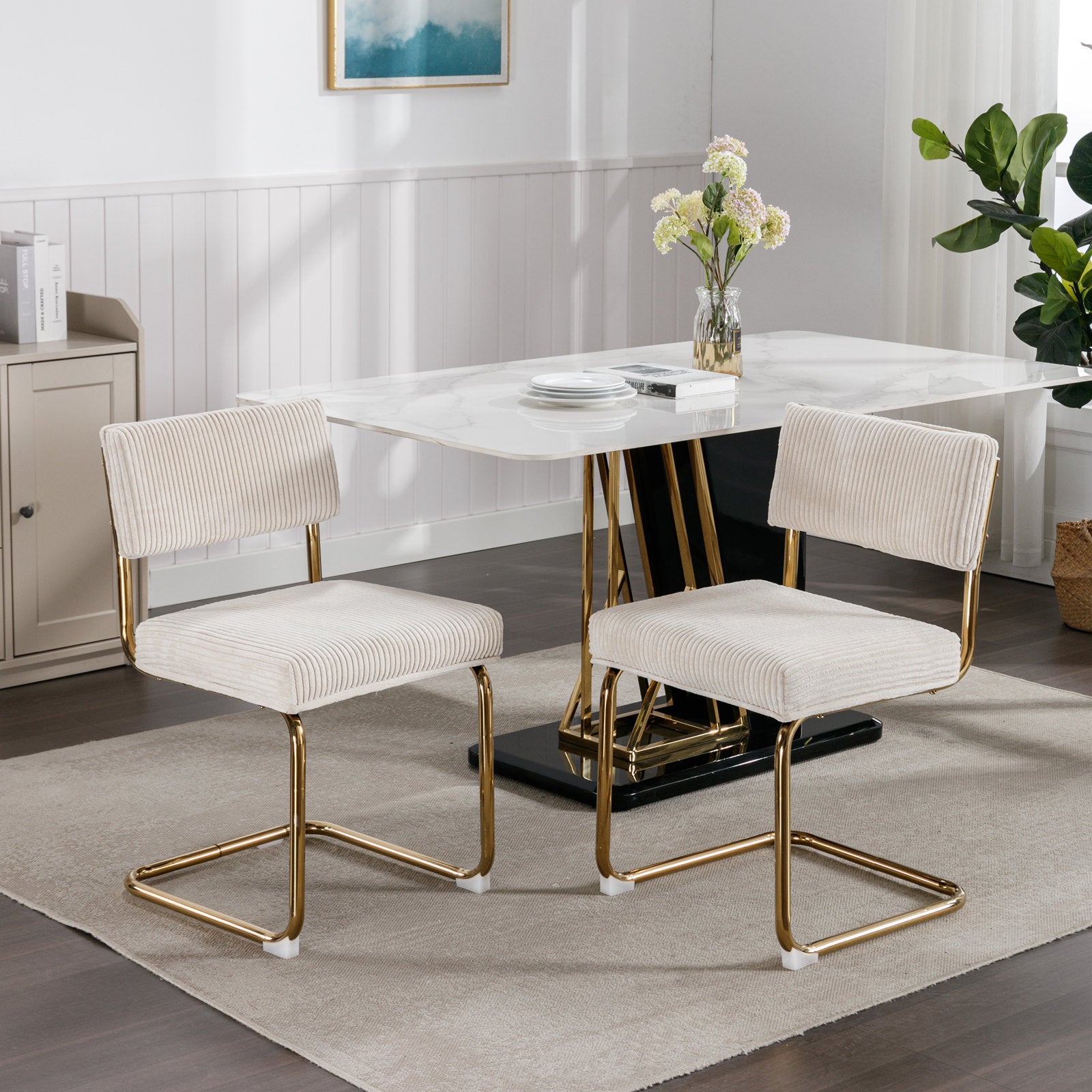 Modern Dining Chairs With Corduroy Fabric,Gold Metal Base, Accent Armless Kitchen Chairs With Channel Tufting, Side Chairs, Set Of 2, Beige Beige Foam Corduroy