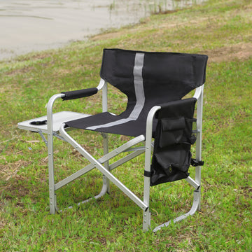 1 Piece Padded Folding Outdoor Chair With Side Table And Storage Pockets,Lightweight Oversized Directors Chair For Indoor, Outdoor Camping, Picnics And Fishing,Black Grey Black Gray Aluminum