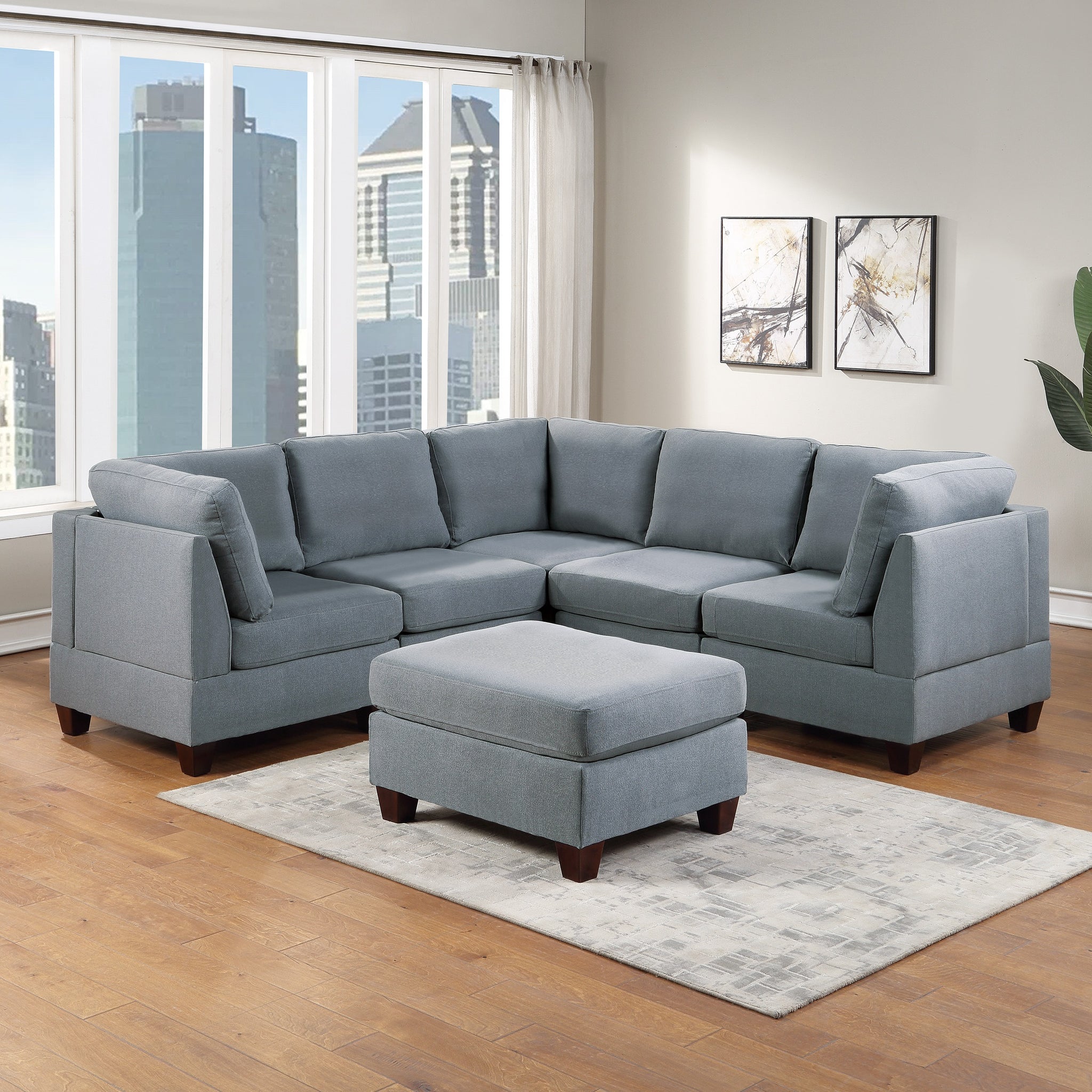 Modular Sectional 6Pc Set Living Room Furniture Corner Sectional Couch Grey Linen Like Fabric 3X Corner Wedge 2X Armless Chairs And 1X Ottoman Grey Wood Primary Living Space Cushion Back Modern,Transitional Modular Fabric 6 Seat