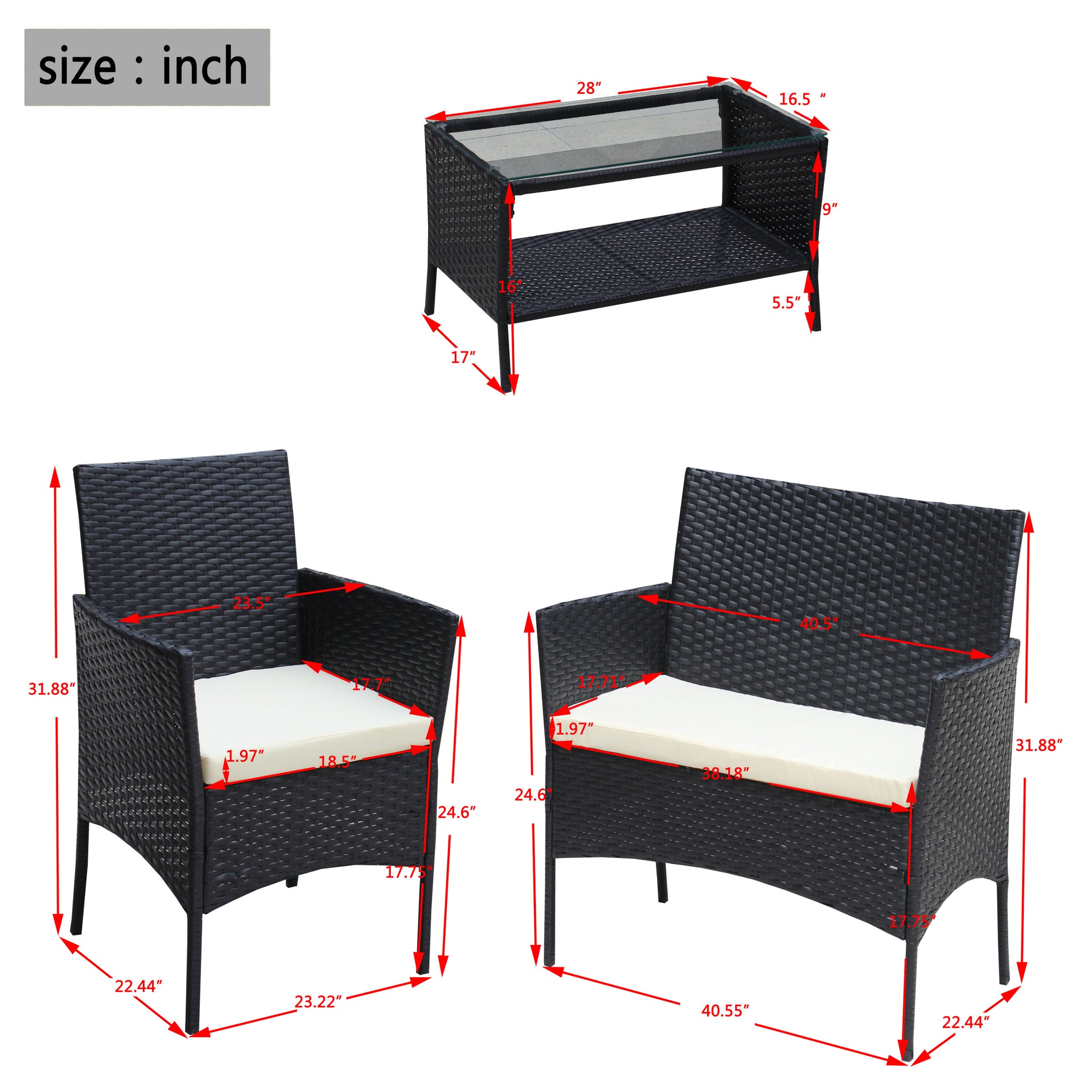 4 PC Rattan Patio Furniture Set Outdoor Patio black-iron