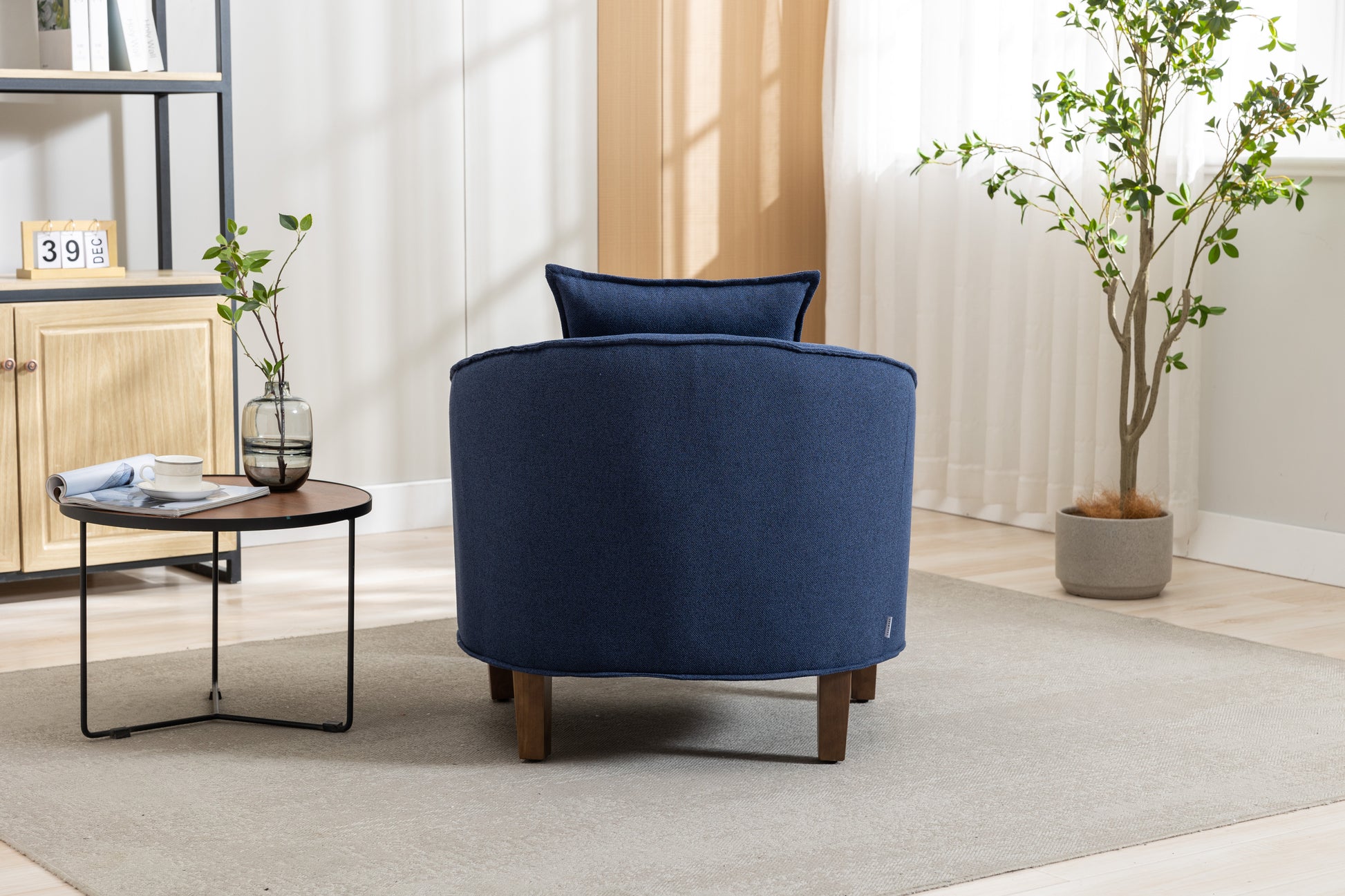 Coolmore Accent Chair With Ottoman, Mid Century Modern Barrel Chair Upholstered Club Tub Round Arms Chair For Living Room Navy Linen
