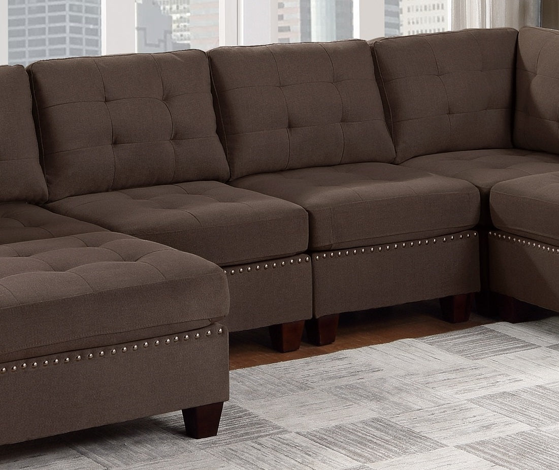 Modular Sectional 6Pc Set Living Room Furniture U Sectional Tufted Nail Heads Couch Black Coffee Linen Like Fabric 2X Corner Wedge 2X Armless Chairs And 2X Ottomans Coffee Wood Primary Living Space Cushion Back Contemporary,Modern Modular Fabric 6 Seat