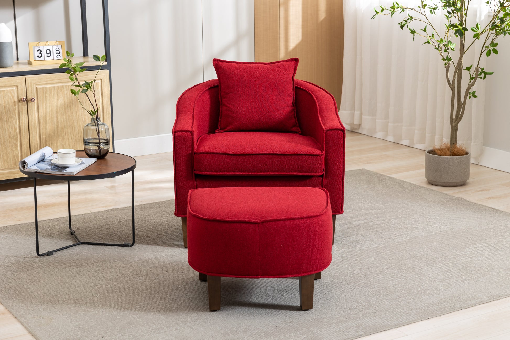 Coolmore Accent Chair With Ottoman, Mid Century Modern Barrel Chair Upholstered Club Tub Round Arms Chair For Living Room Red Linen