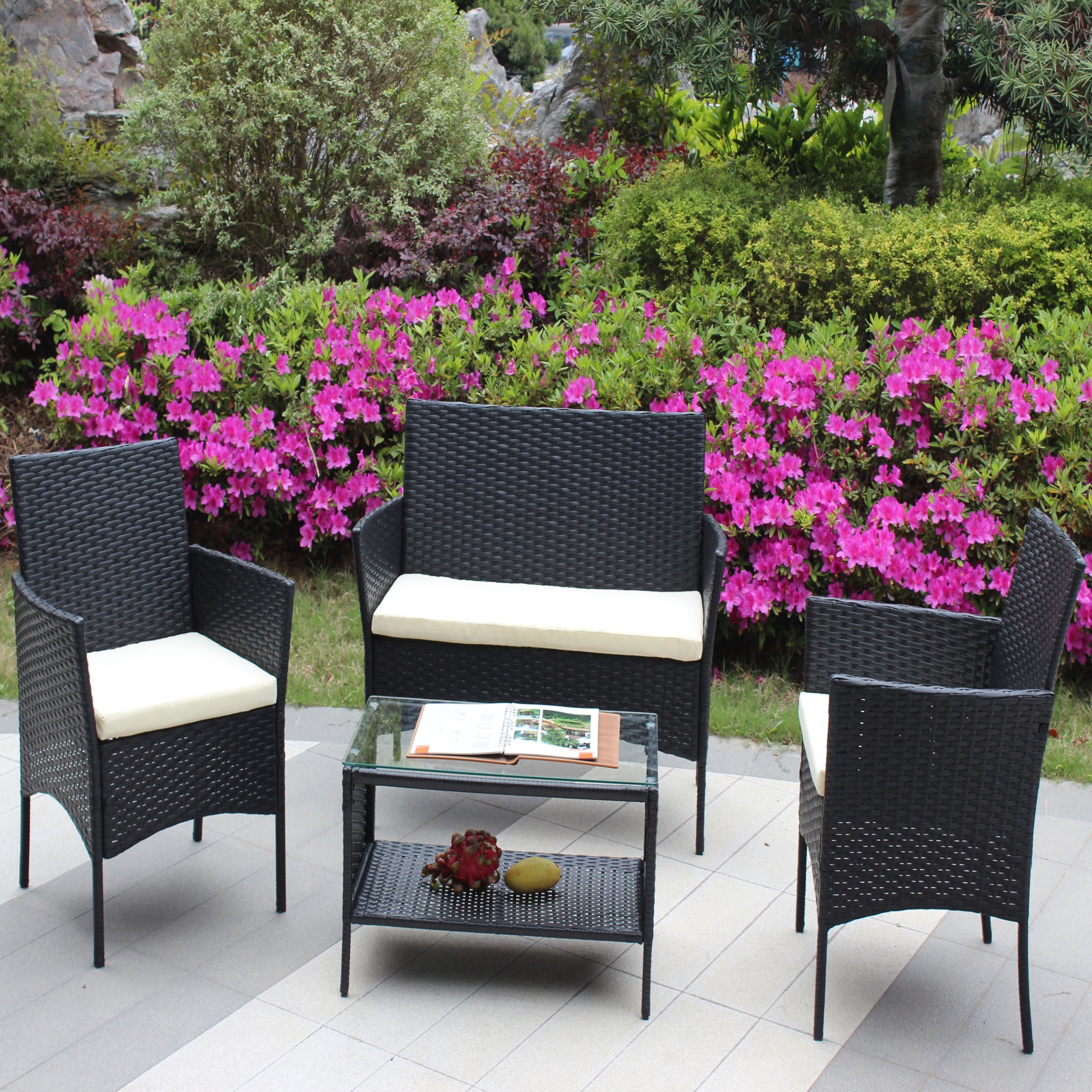 4 Pc Rattan Patio Furniture Set Outdoor Patio Cushioned Seat Wicker Sofa Beige Cushion Black Iron