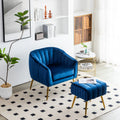 Velvet Accent Chair With Ottoman, Modern Tufted Barrel Chair Ottoman Set For Living Room Bedroom, Golden Finished, Blue Blue Foam Velvet