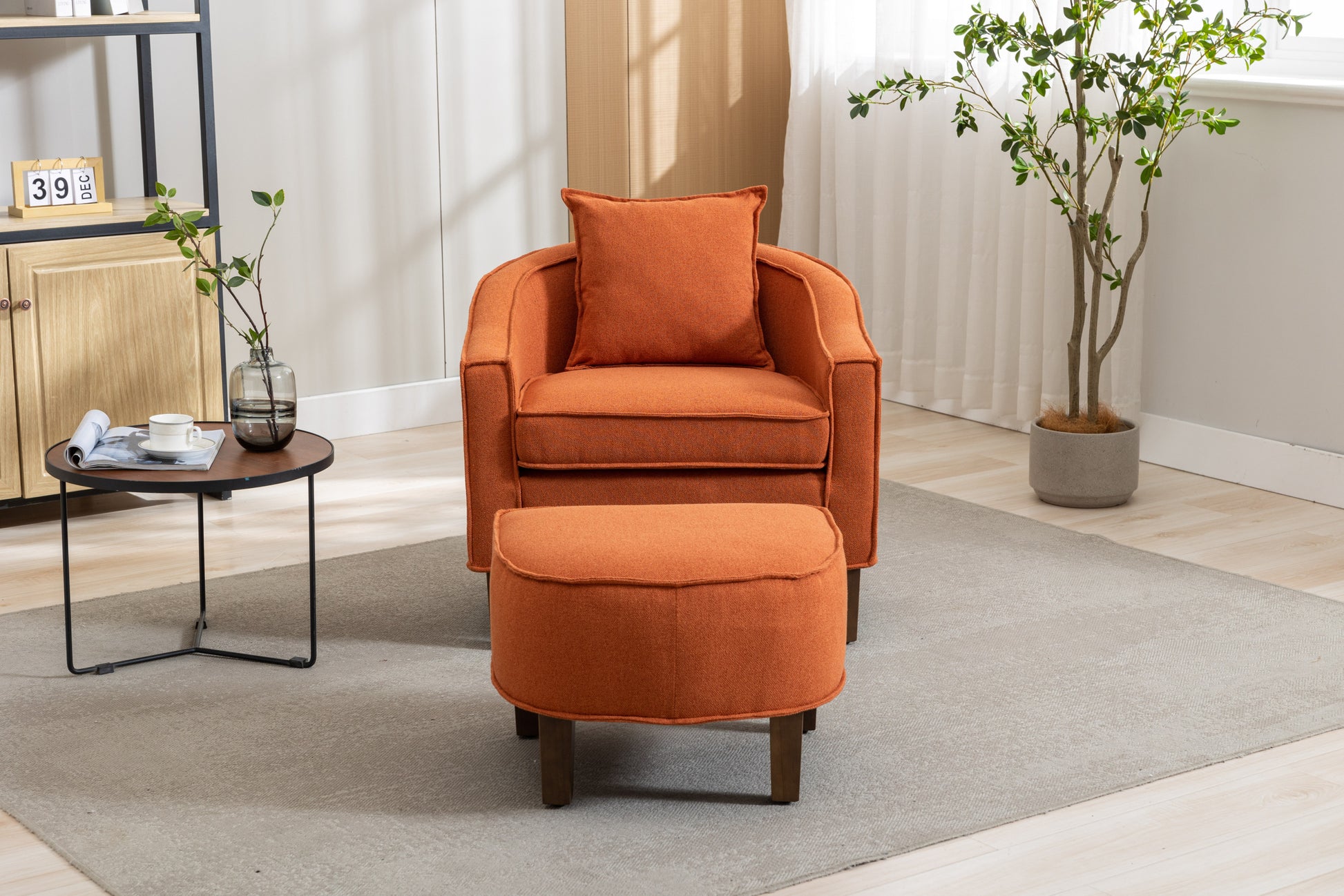 Coolmore Accent Chair With Ottoman, Mid Century Modern Barrel Chair Upholstered Club Tub Round Arms Chair For Living Room Orange Linen