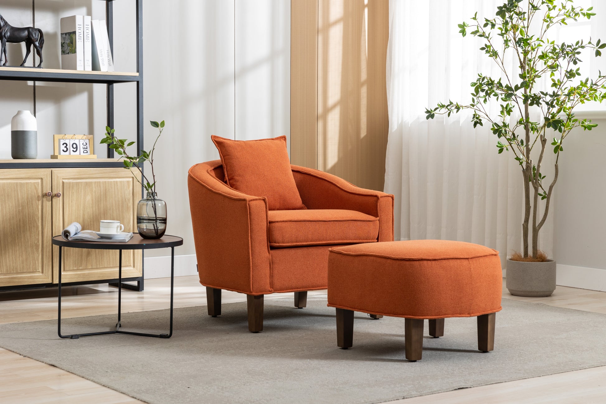 Coolmore Accent Chair With Ottoman, Mid Century Modern Barrel Chair Upholstered Club Tub Round Arms Chair For Living Room Orange Linen
