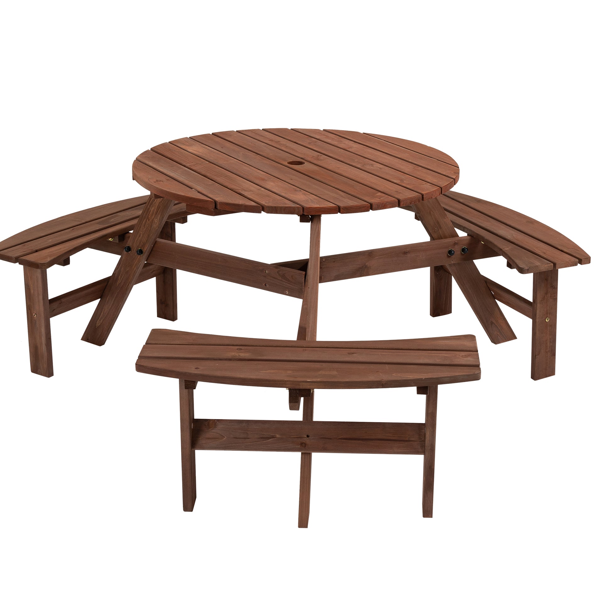 6 Person Circular Outdoor Wooden Picnic Table For Patio, Backyard, Garden, Diy W 3 Built In Benches, 1720Lb Capacity Brown Brown Solid Wood