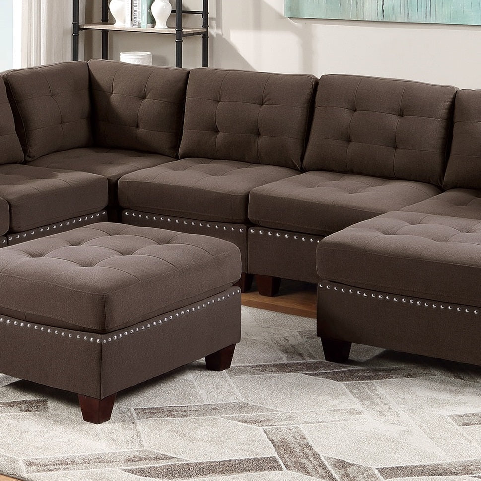 Contemporary Modular Sectional 8Pc Set Living Room Furniture Corner L Sectional Black Coffee Linen Like Fabric Tufted Nail Heads 3X Corner Wedge 3X Armless Chair And 2X Ottoman Coffee Wood Primary Living Space Cushion Back Contemporary,Modern Modular