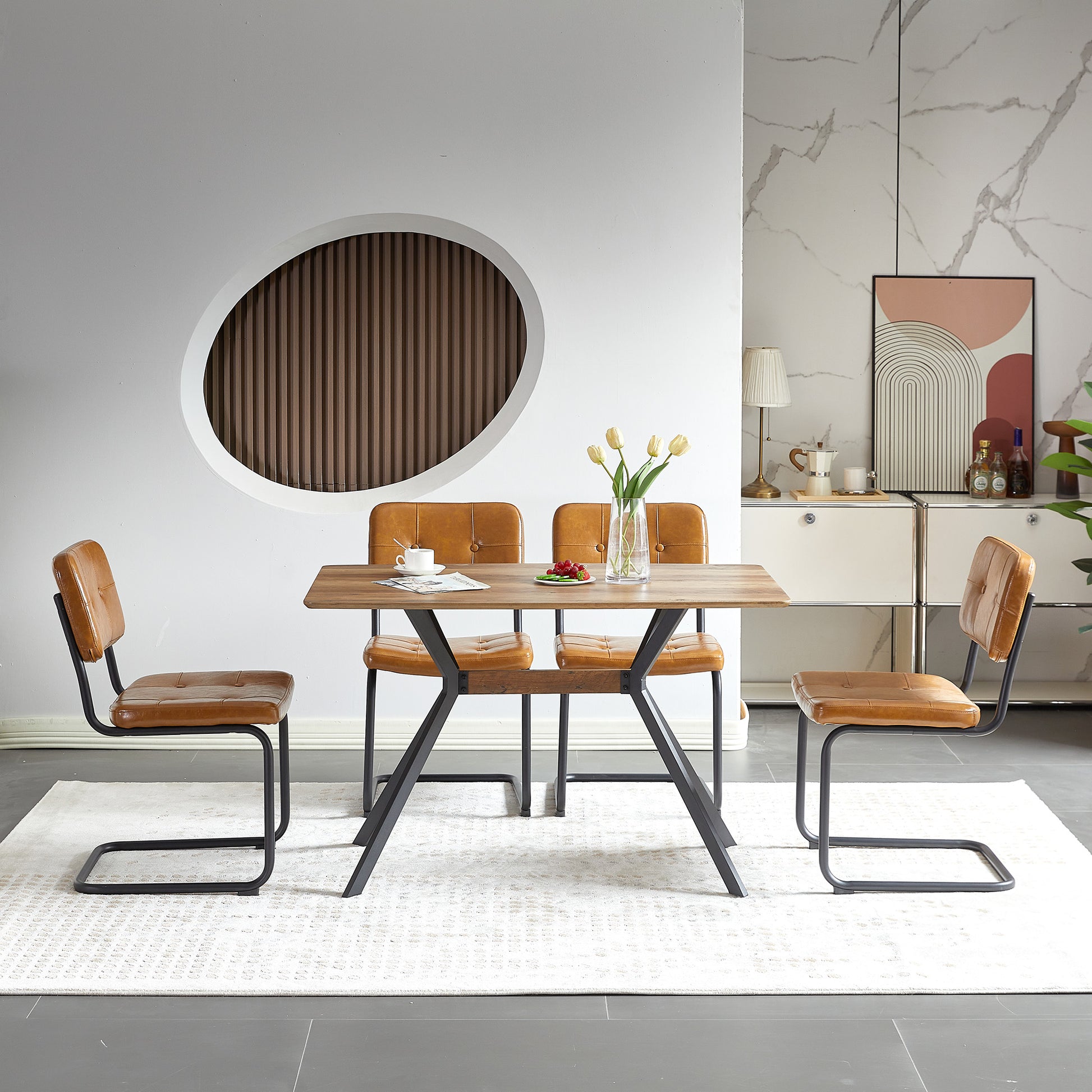 Brown Modern Simple Style Dining Chair Pu Leather Black Metal Pipe Dining Room Furniture Chair Set Of 2 Brown Pu Leather