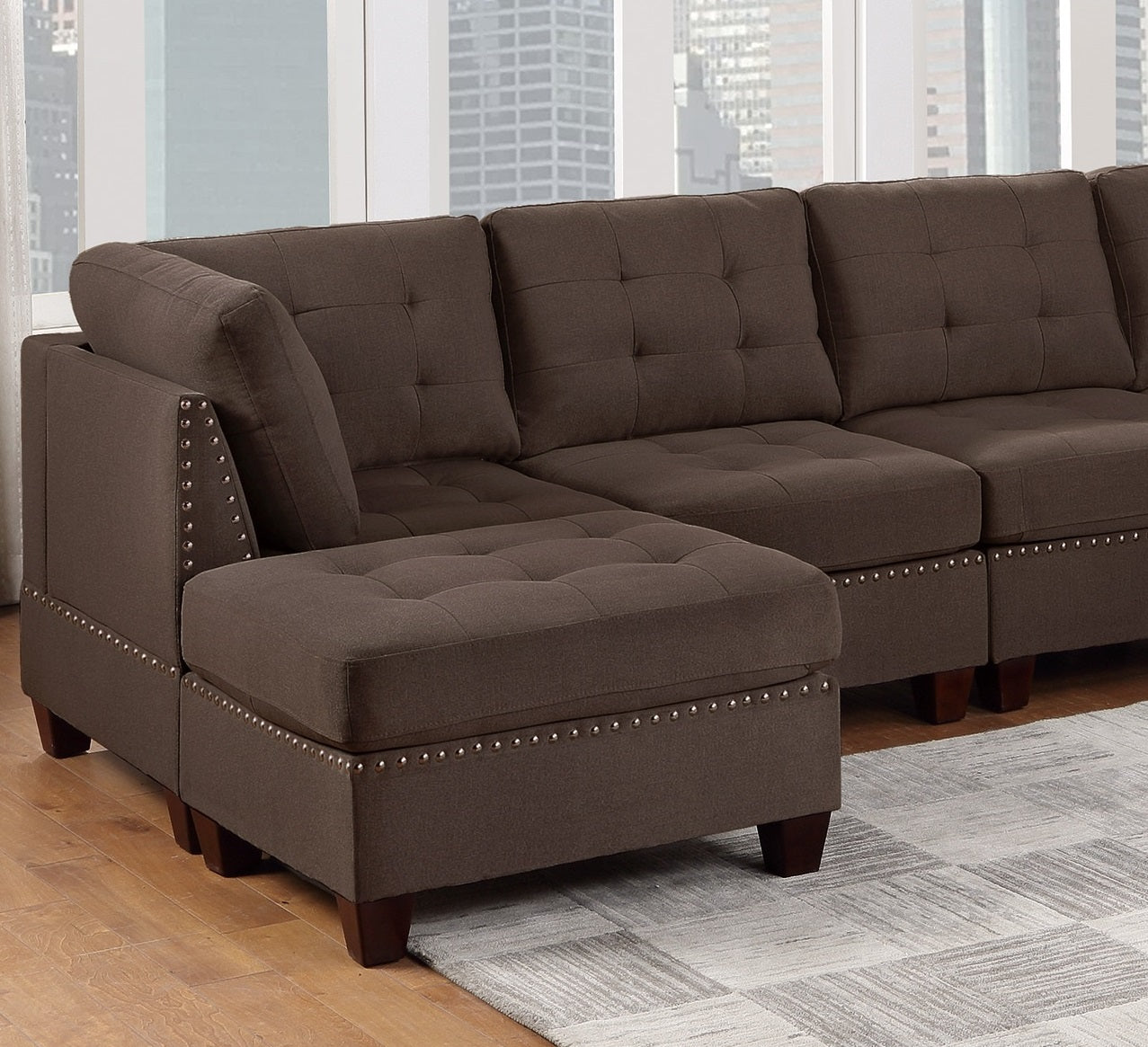 Modular Sectional 6Pc Set Living Room Furniture U Sectional Tufted Nail Heads Couch Black Coffee Linen Like Fabric 2X Corner Wedge 2X Armless Chairs And 2X Ottomans Coffee Wood Primary Living Space Cushion Back Contemporary,Modern Modular Fabric 6 Seat