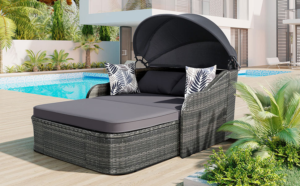 79.9" Outdoor Sunbed With Adjustable Canopy, Double Lounge, Pe Rattan Daybed, Gray Wicker And Cushion Yes Gray Wicker